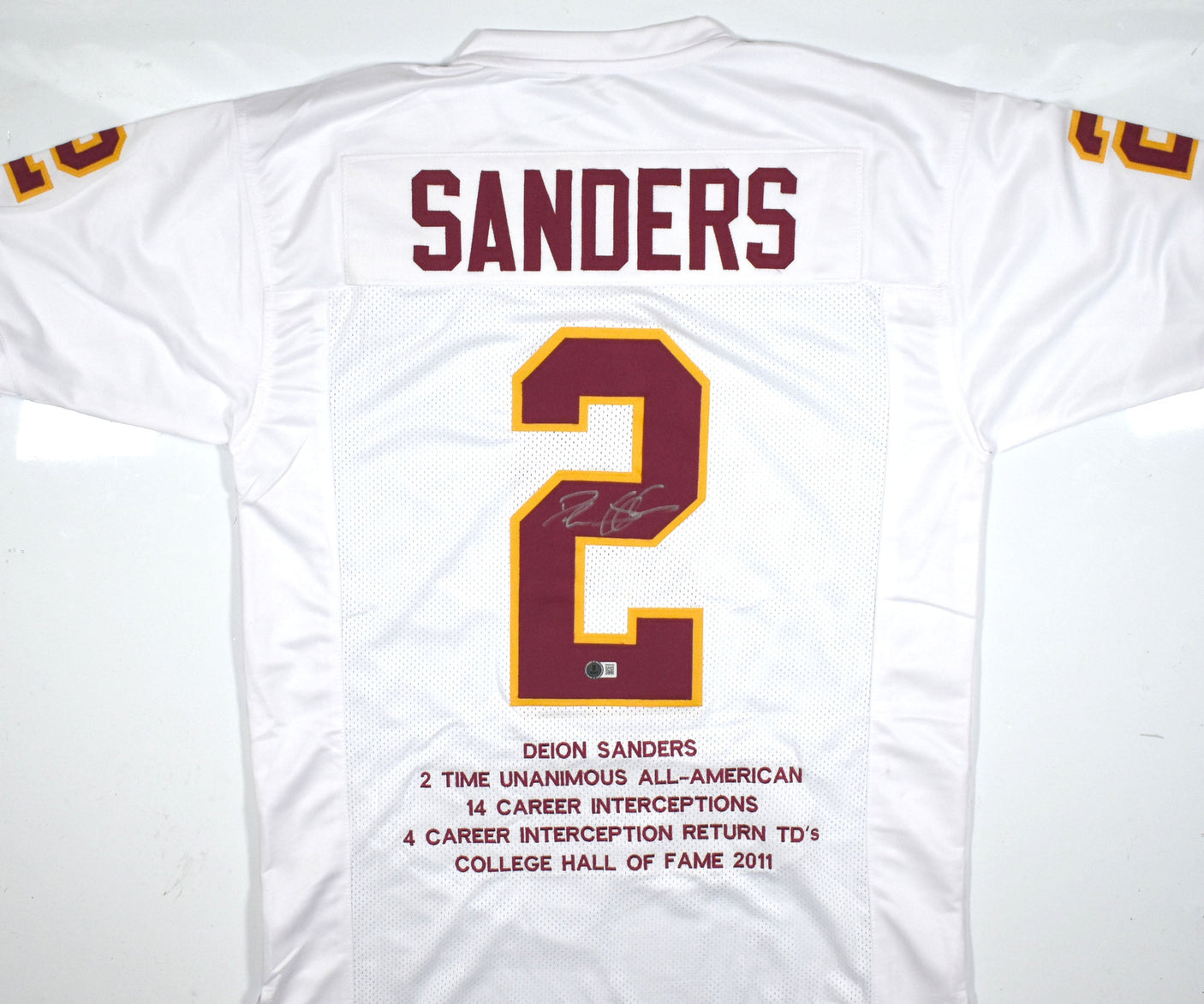 Deion Sanders Autographed White College Style STAT Jersey - Beckett W Hologram