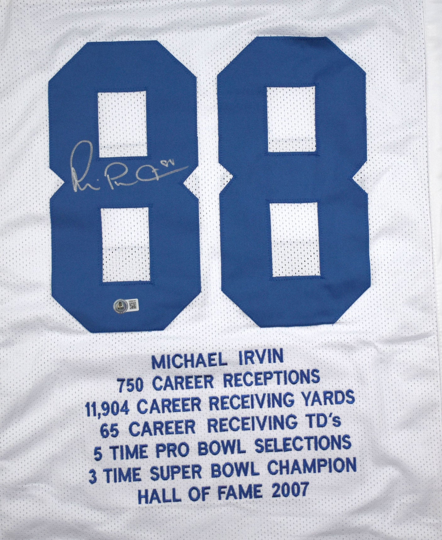 Michael Irvin Autographed White Pro Style Stat Jersey - Beckett W Hologram