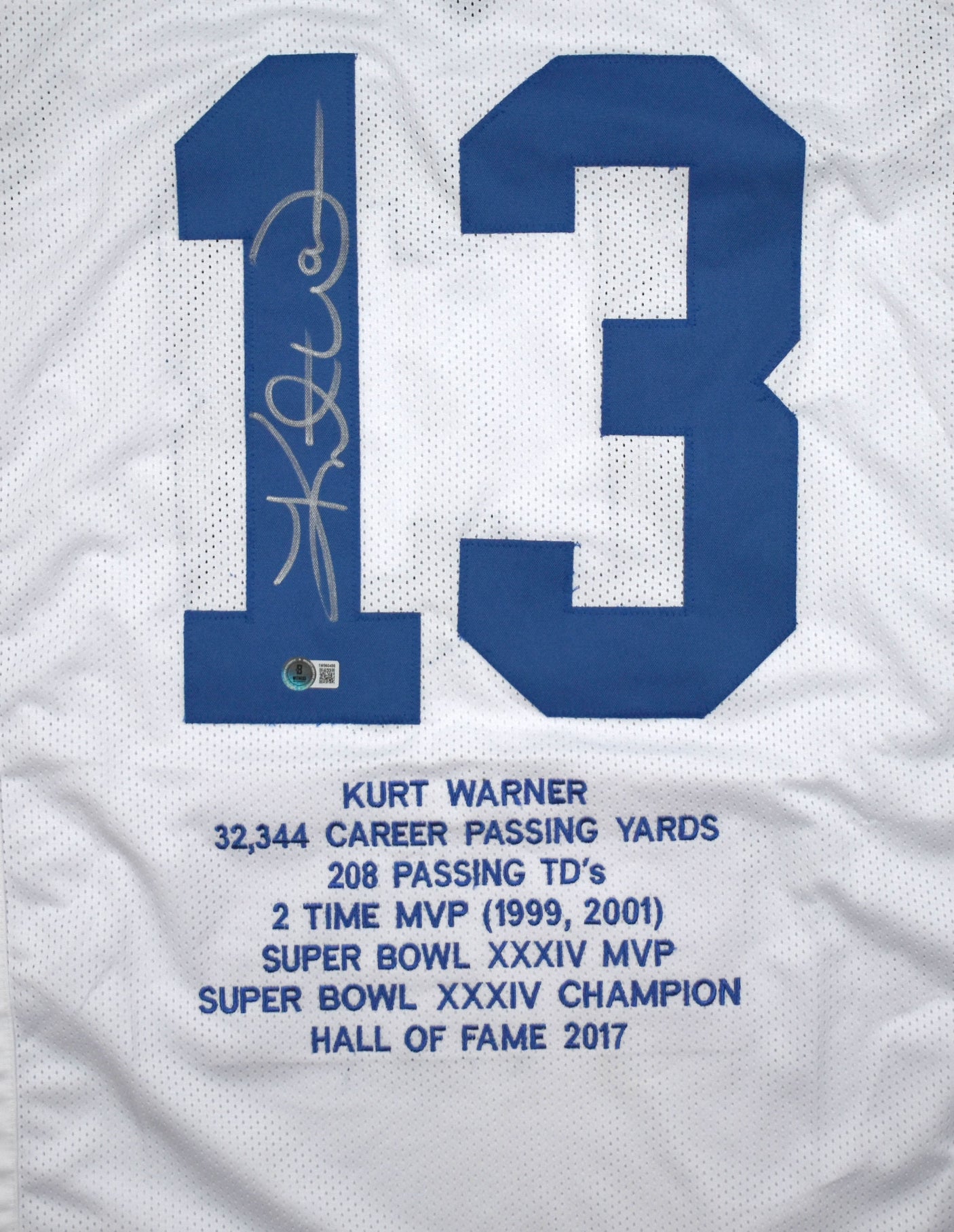 Kurt Warner Autographed White Pro Style STAT Jersey-Beckett W Hologram *Silver