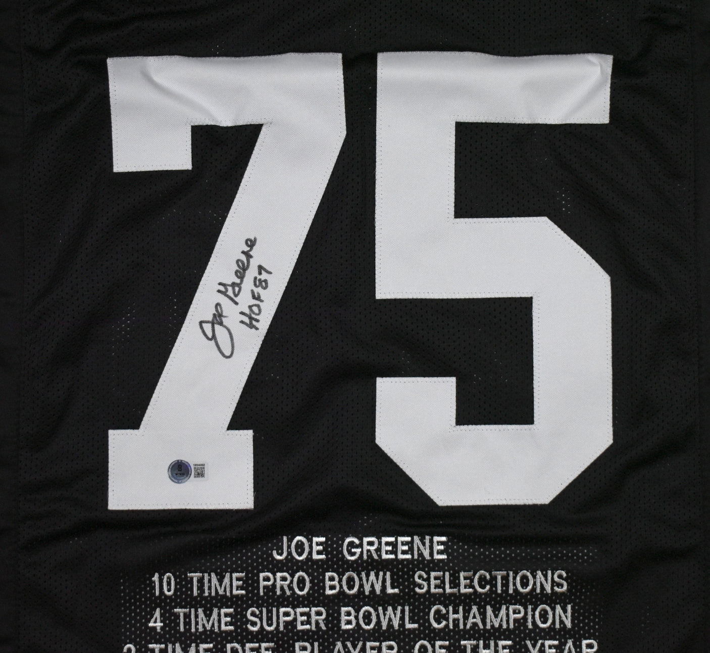 Joe Greene Autographed Black Pro Style STAT Jersey w/ HOF-Beckett W Hologram