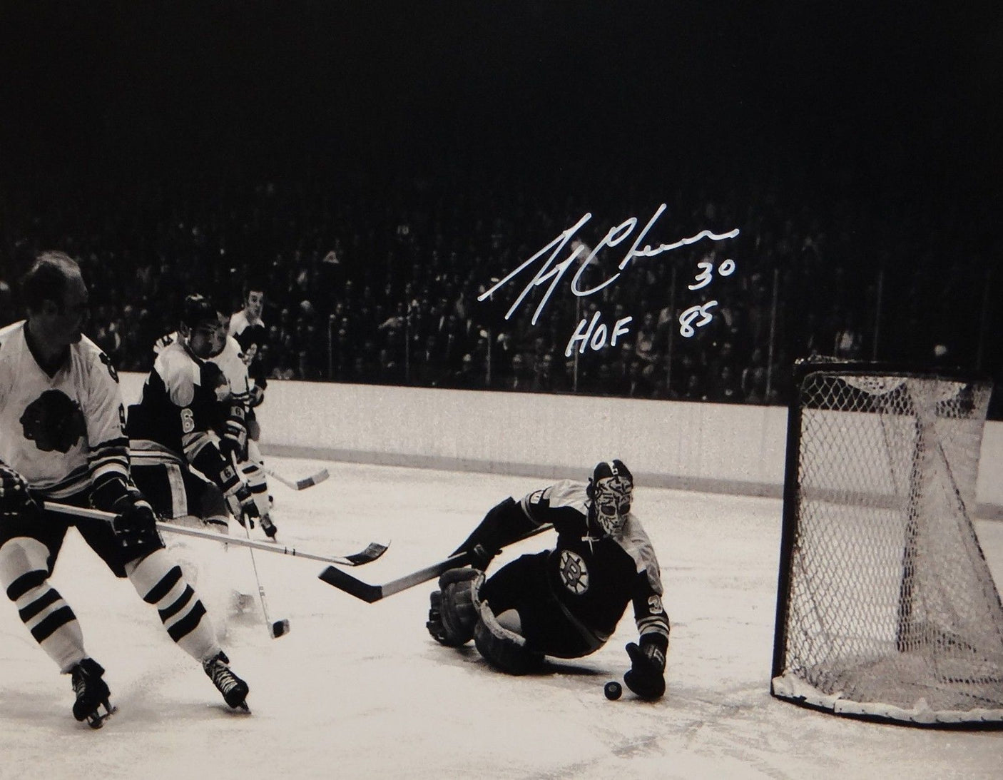 Gerry Cheevers HOF Autographed 16x20 B&W Photo- JSA W Authenticated