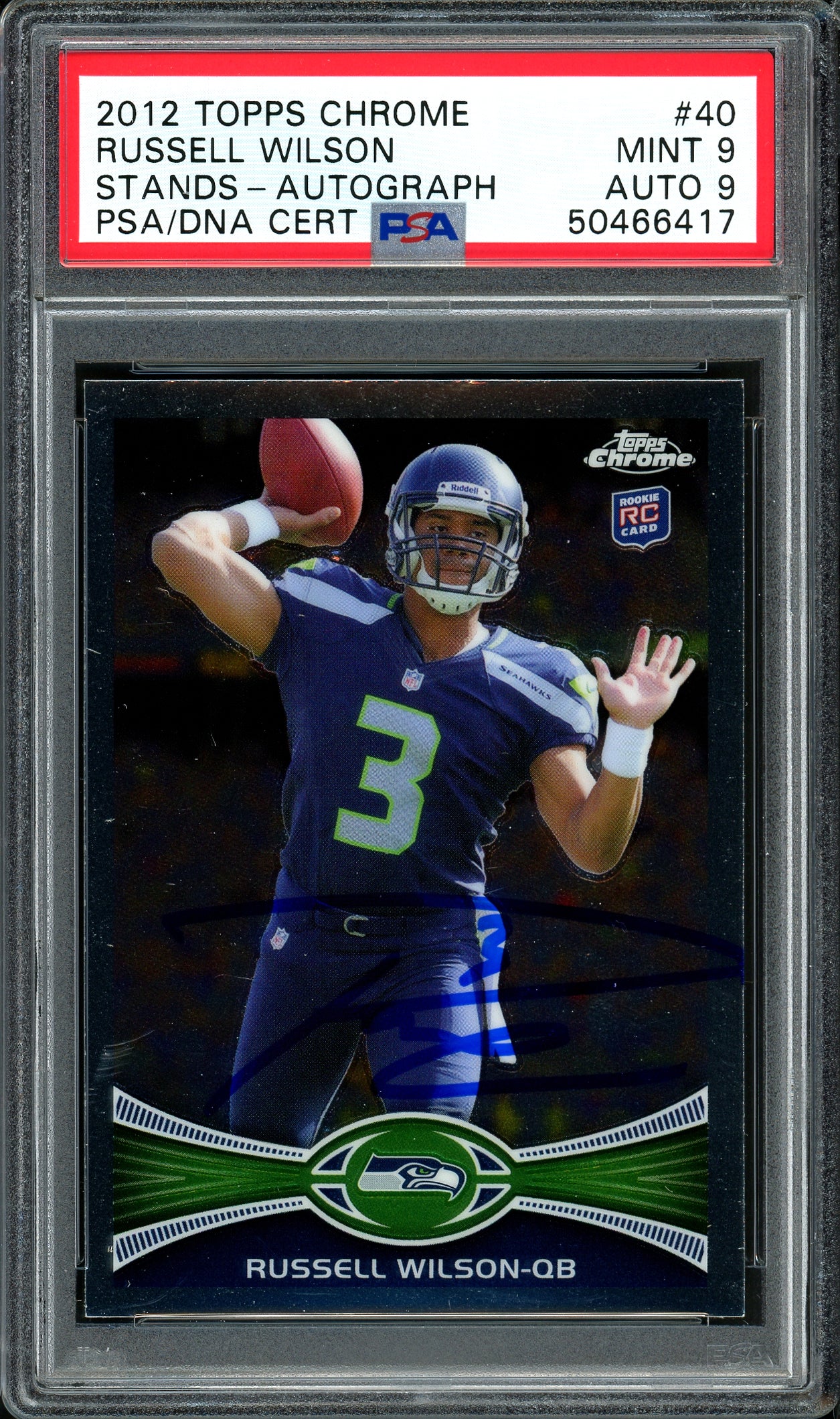 Russell Wilson Autographed 2012 Topps Chrome Rookie Card #40 Seattle Seahawks Auto Grade 9 Card Grade Mint 9 PSA/DNA #50466417