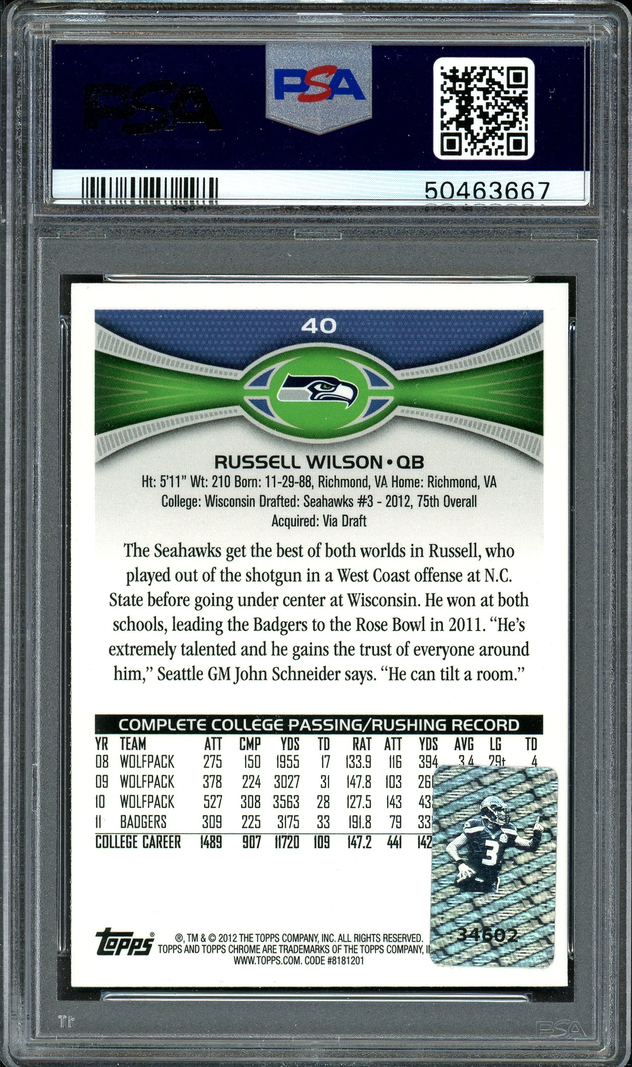 Russell Wilson Autographed 2012 Topps Chrome Rookie Card #40 Seattle Seahawks Card Grade NM-MT 8 PSA/DNA #50463667