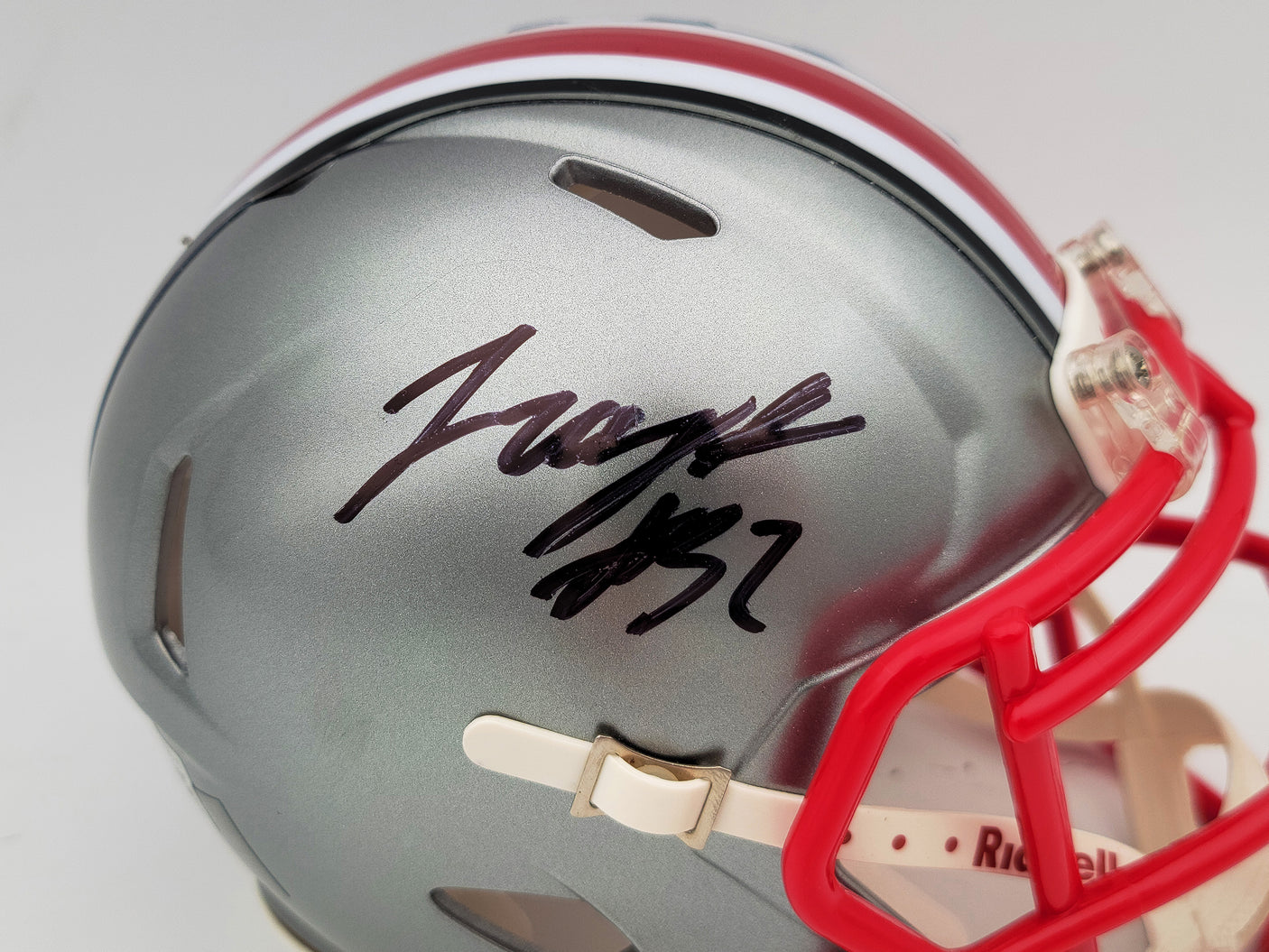 TreVeyon Henderson Autographed Ohio State Buckeyes Flash Silver Speed Mini Helmet Beckett BAS QR Stock #202074
