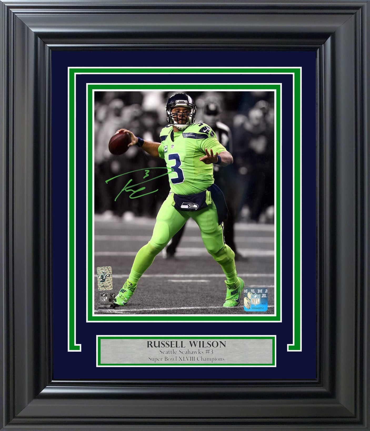 Russell Wilson Autographed Framed 8x10 Photo Seattle Seahawks Action Green Color Rush RW Holo Stock #202117