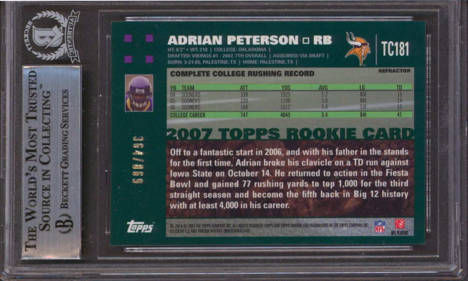 Adrian Peterson Signed 2007 Topps Chrome White Refractors #TC81 RC Card BAS Slab