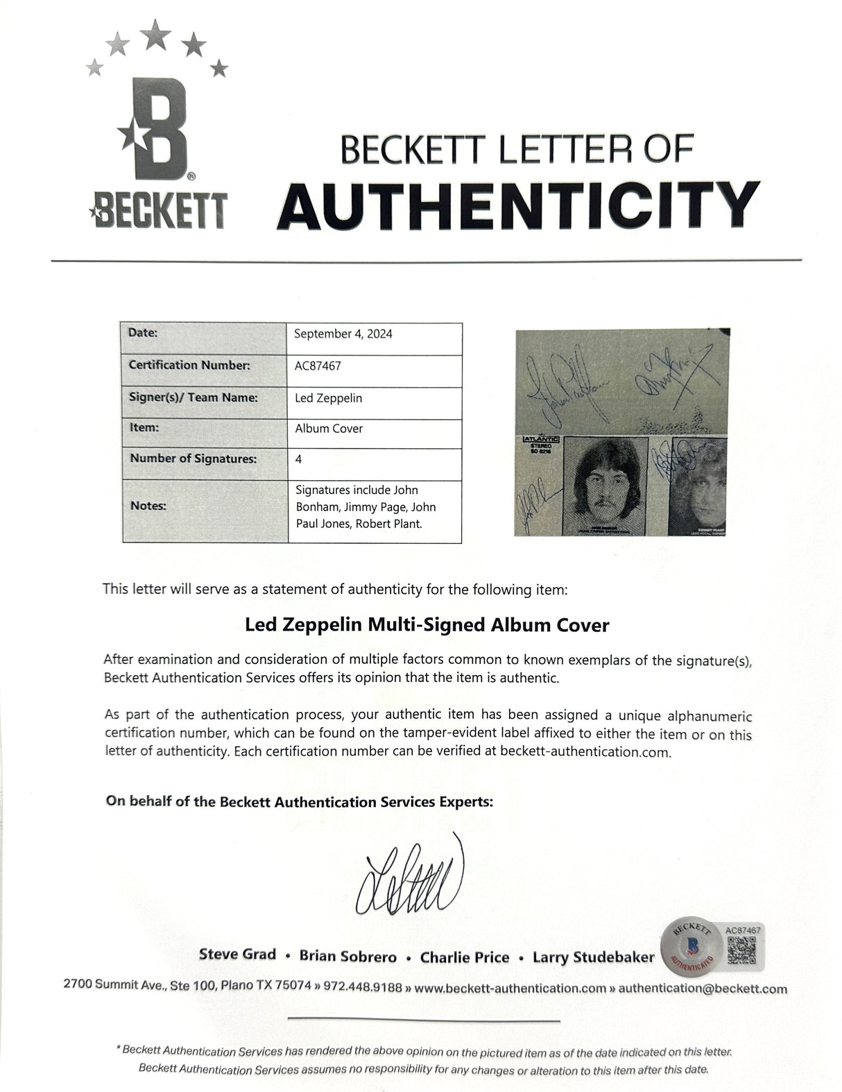 (4) Page, Plant, Bonham & Jones Signed Led Zepplin I Album Cover w Vinyl BAS JSA
