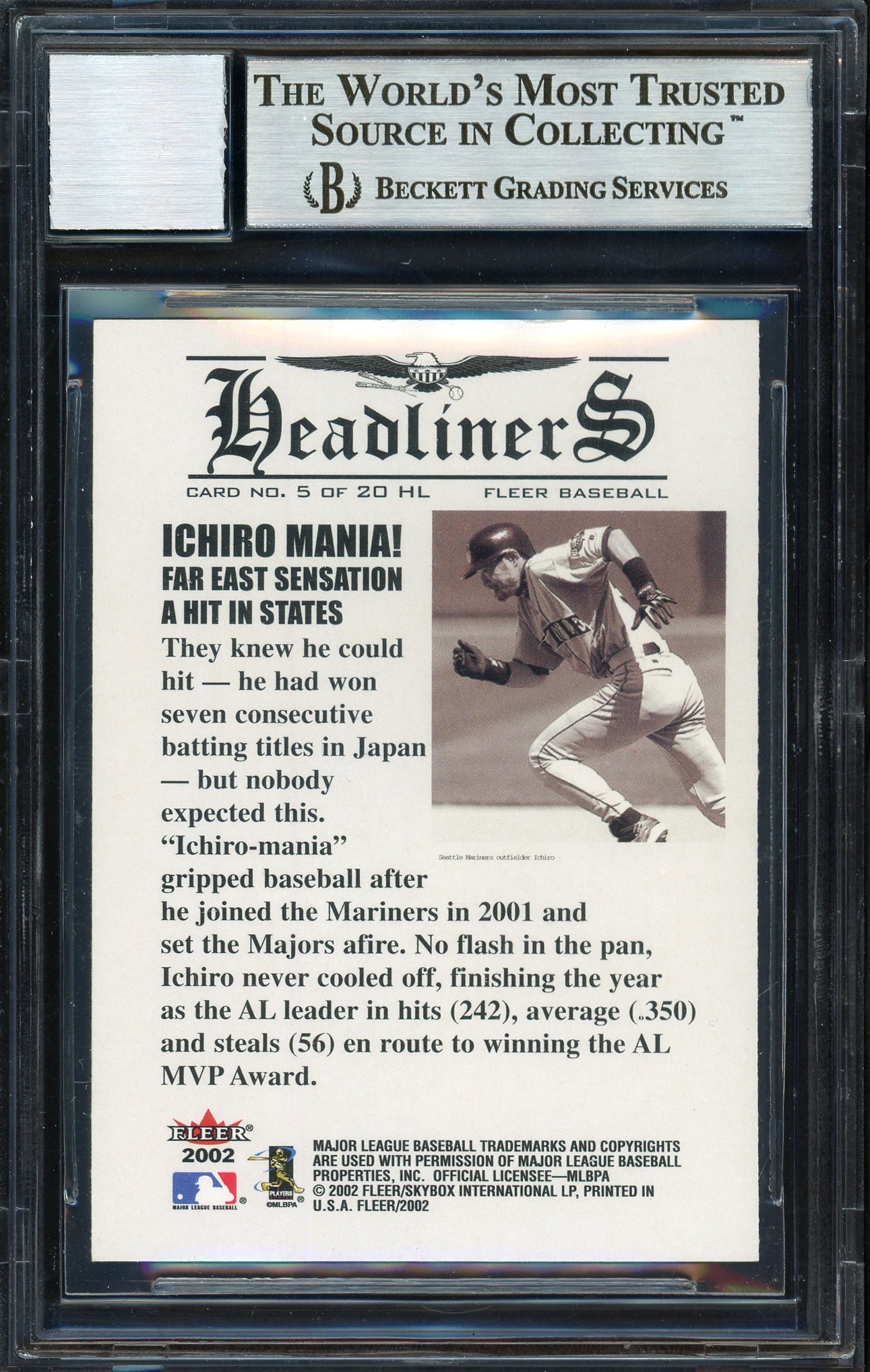 Ichiro Suzuki Autographed 2002 Fleer Headliners Card #5 Seattle Mariners Auto Grade 10 Beckett BAS Stock #189815