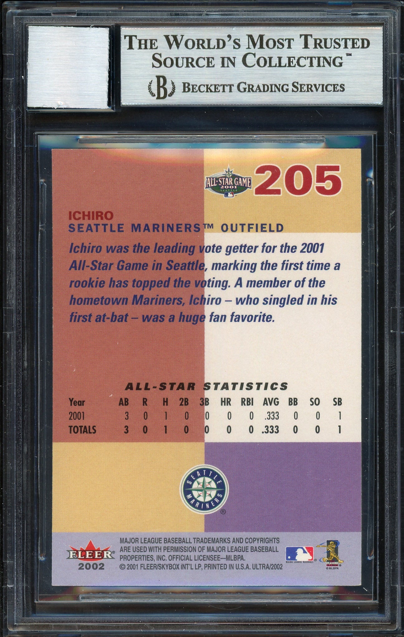 Ichiro Suzuki Autographed 2002 Fleer Ultra Card #205 Seattle Mariners Auto Grade 10 Beckett BAS Stock #189818