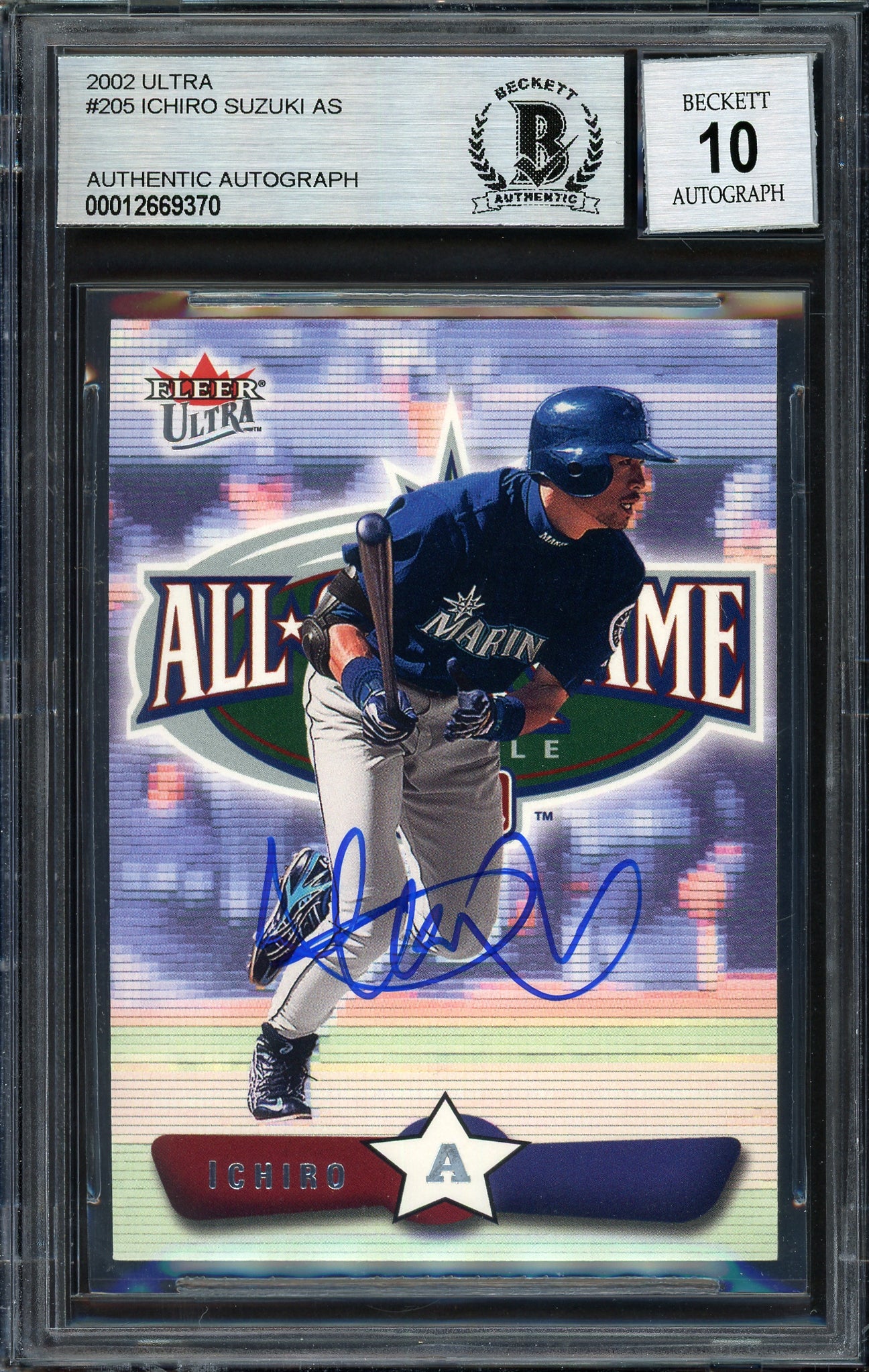 Ichiro Suzuki Autographed 2002 Fleer Ultra Card #205 Seattle Mariners Auto Grade 10 Beckett BAS Stock #189818