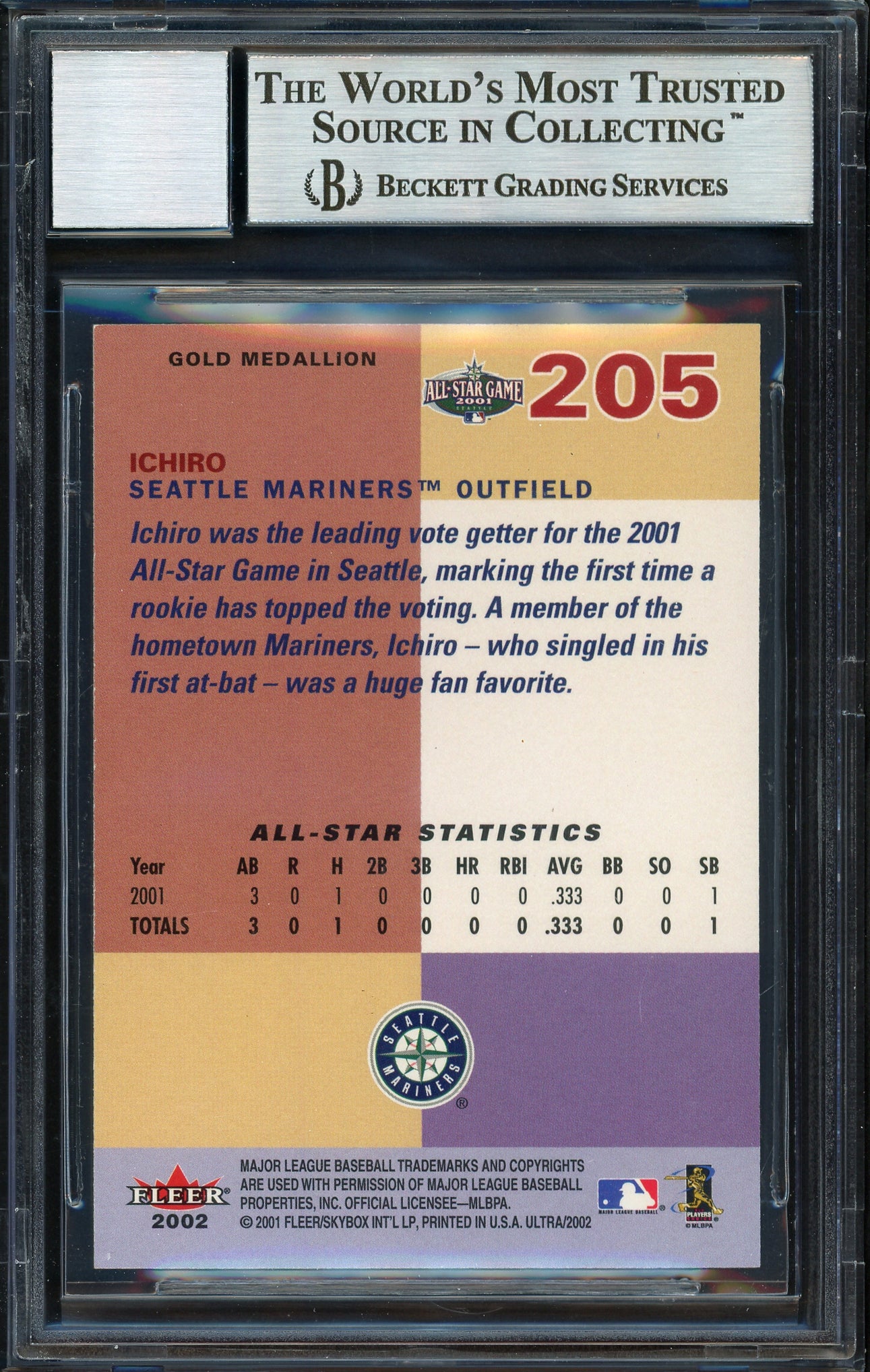 Ichiro Suzuki Autographed 2002 Fleer Ultra Gold Medallion Card #205 Seattle Mariners Auto Grade 10 Beckett BAS #12669371