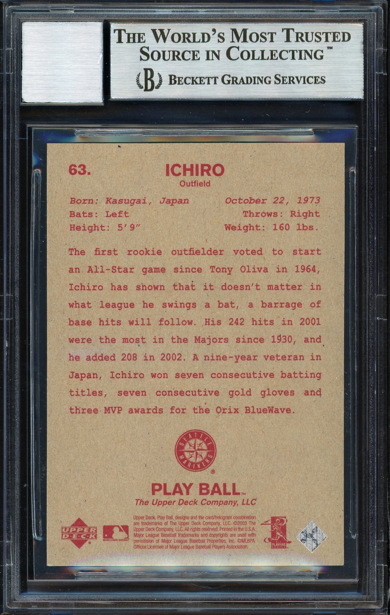 Ichiro Suzuki Autographed 2003 Upper Deck Play Ball Card #63 Seattle Mariners Auto Grade 10 Beckett BAS Stock #189829