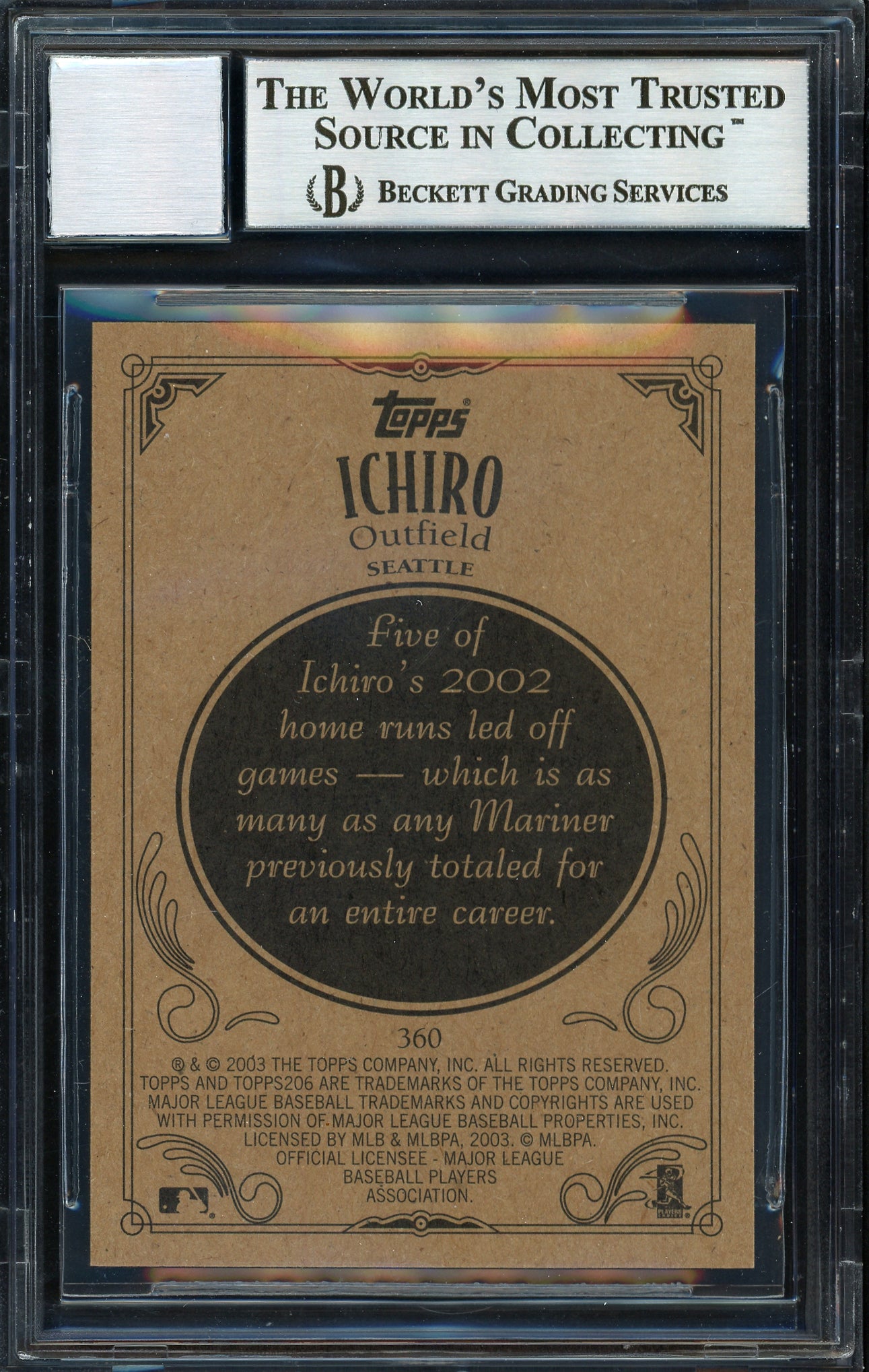 Ichiro Suzuki Autographed 2002 Topps 206 Card #360 Seattle Mariners Auto Grade 10 Beckett BAS Stock #189835