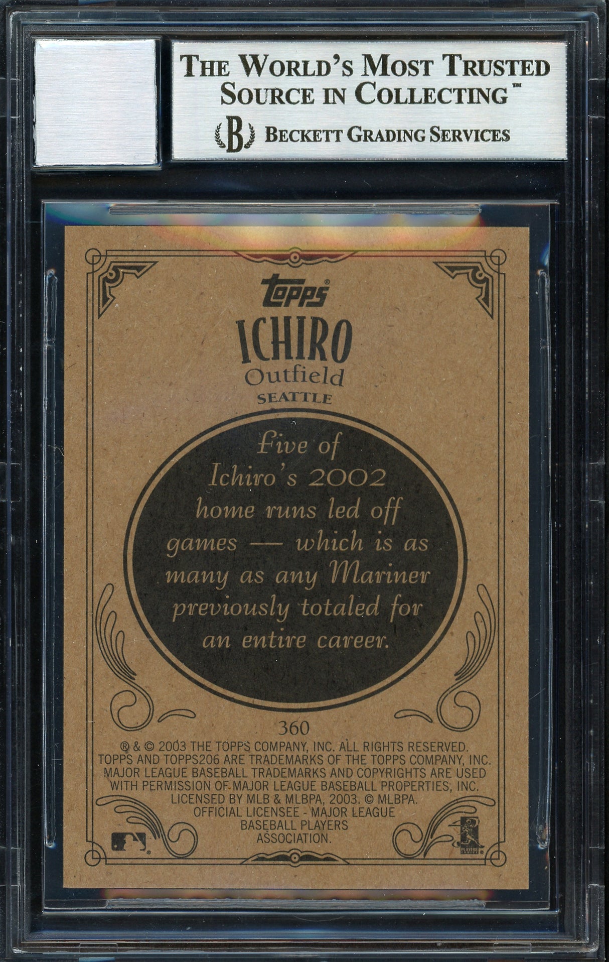 Ichiro Suzuki Autographed 2002 Topps 206 Card #360 Seattle Mariners Auto Grade 10 Beckett BAS Stock #189835