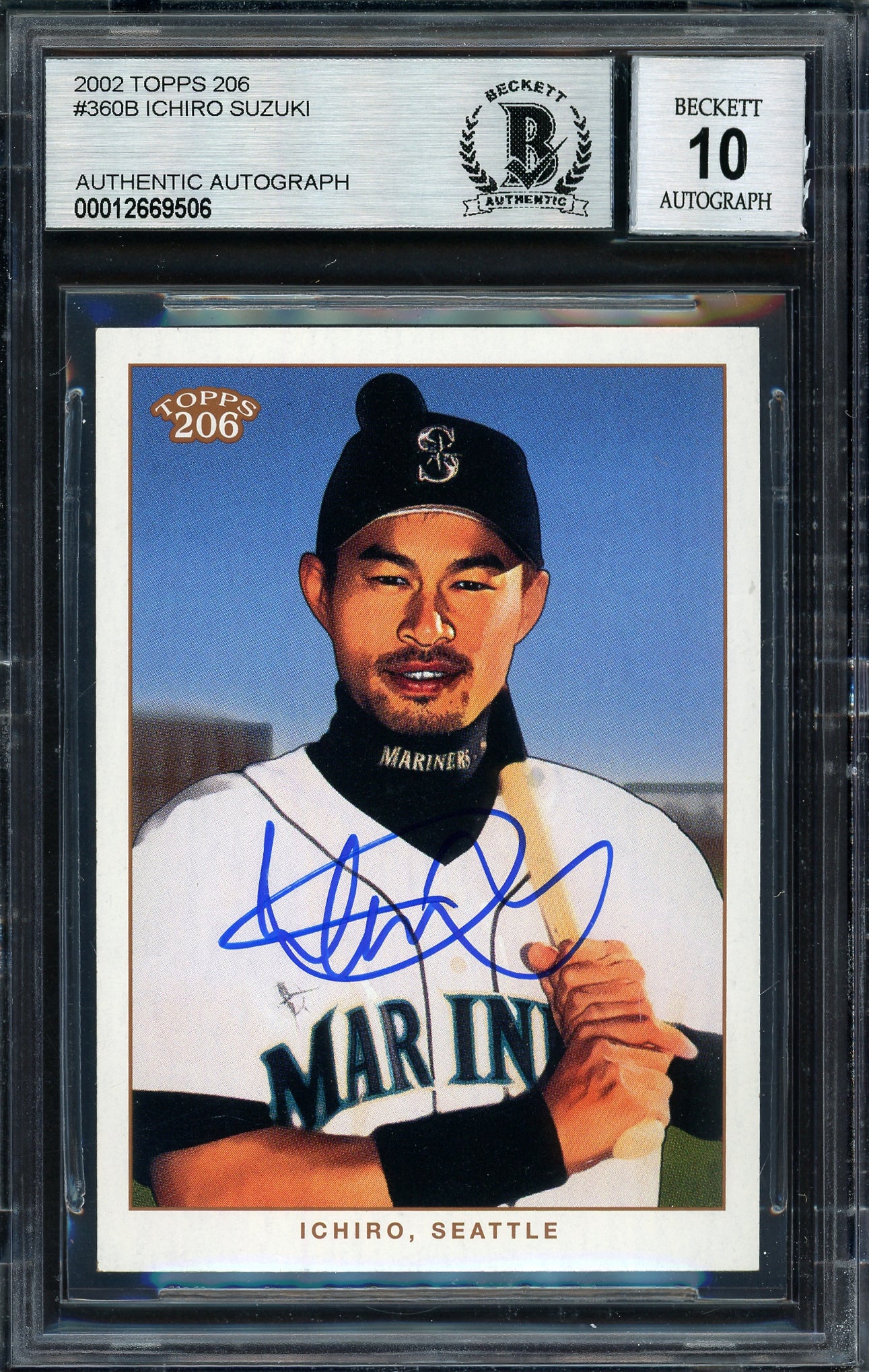 Ichiro Suzuki Autographed 2002 Topps 206 Card #360 Seattle Mariners Auto Grade 10 Beckett BAS Stock #189835