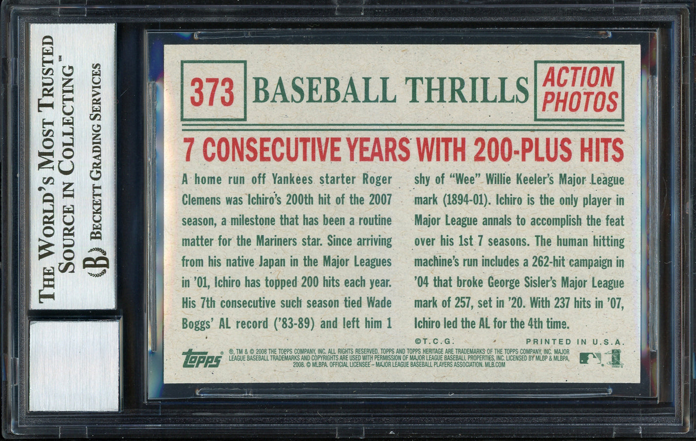 Ichiro Suzuki Autographed 2008 Topps Heritage Card #373 Seattle Mariners Auto Grade 10 Beckett BAS #12669574