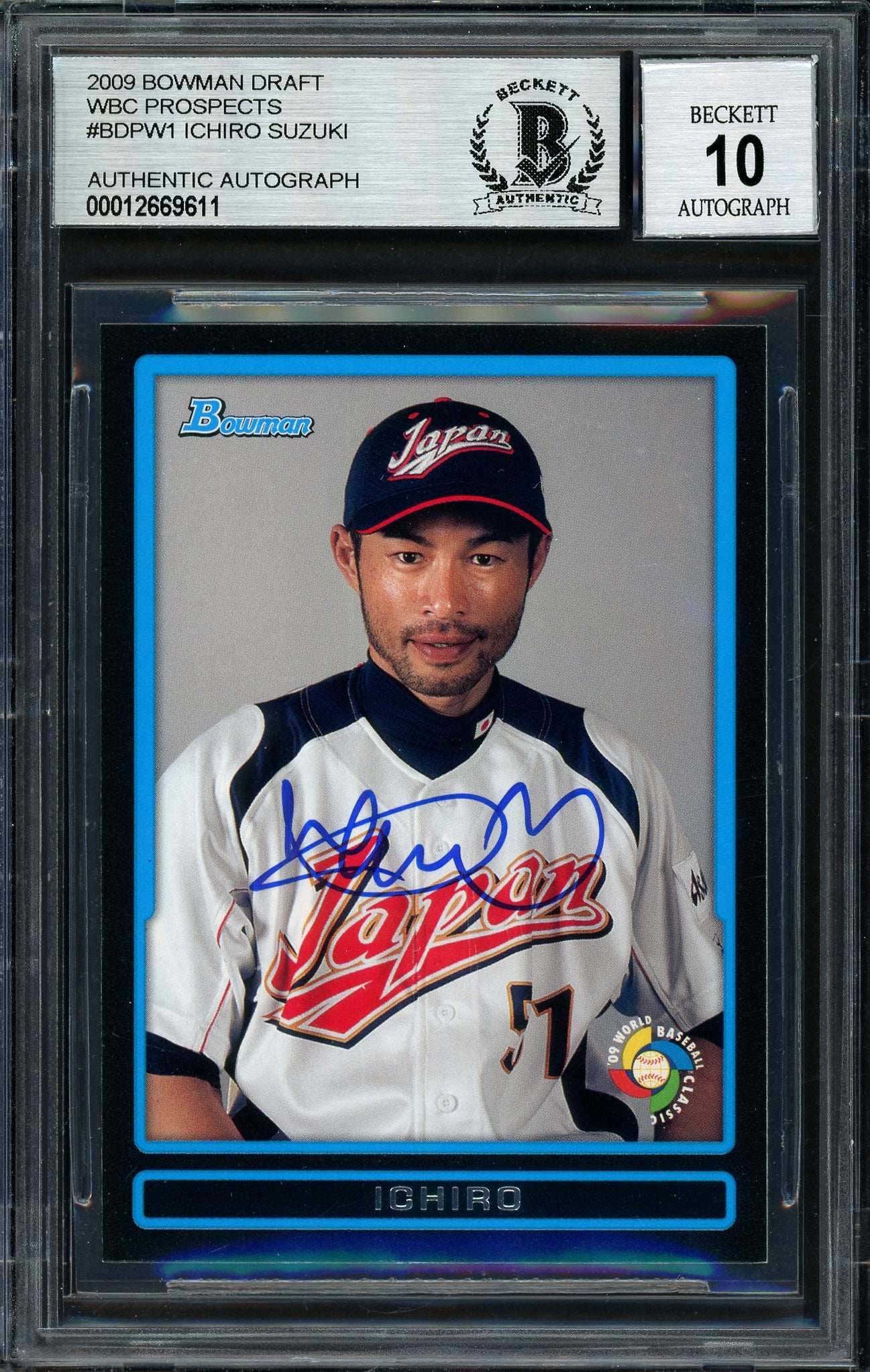 Ichiro Suzuki Autographed 2009 Bowman Draft Card #BDPW1 Japan Auto Grade 10 Beckett BAS Stock #189864