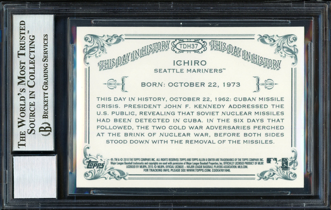 Ichiro Suzuki Autographed 2010 Topps Allen & Ginter This Day In History Card #TDH37 Seattle Mariners Auto Grade 10 Beckett BAS Stock #189881