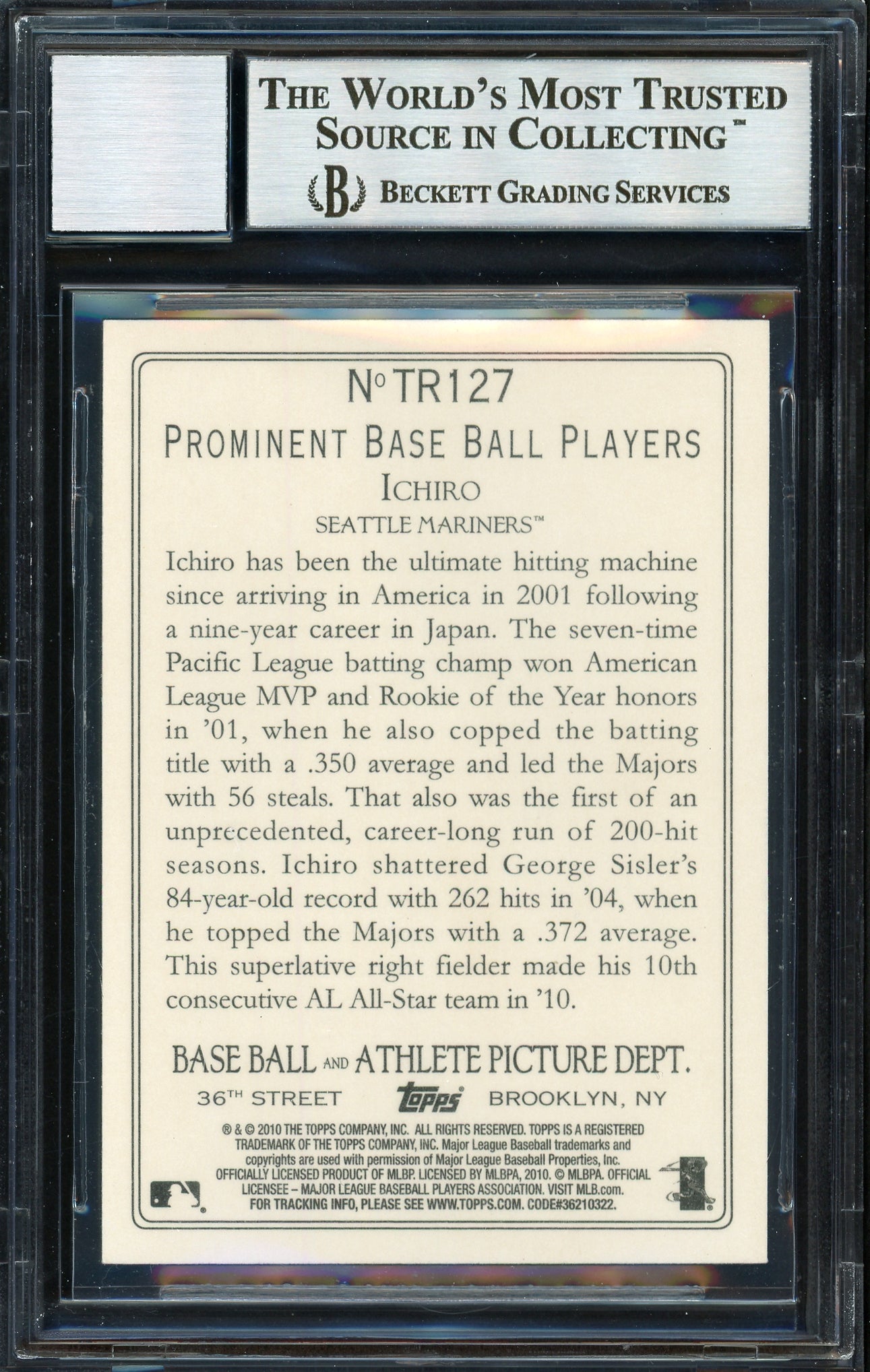 Ichiro Suzuki Autographed 2010 Topps Turkey Red Card #TR127 Seattle Mariners Auto Grade 10 Beckett BAS Stock #189883