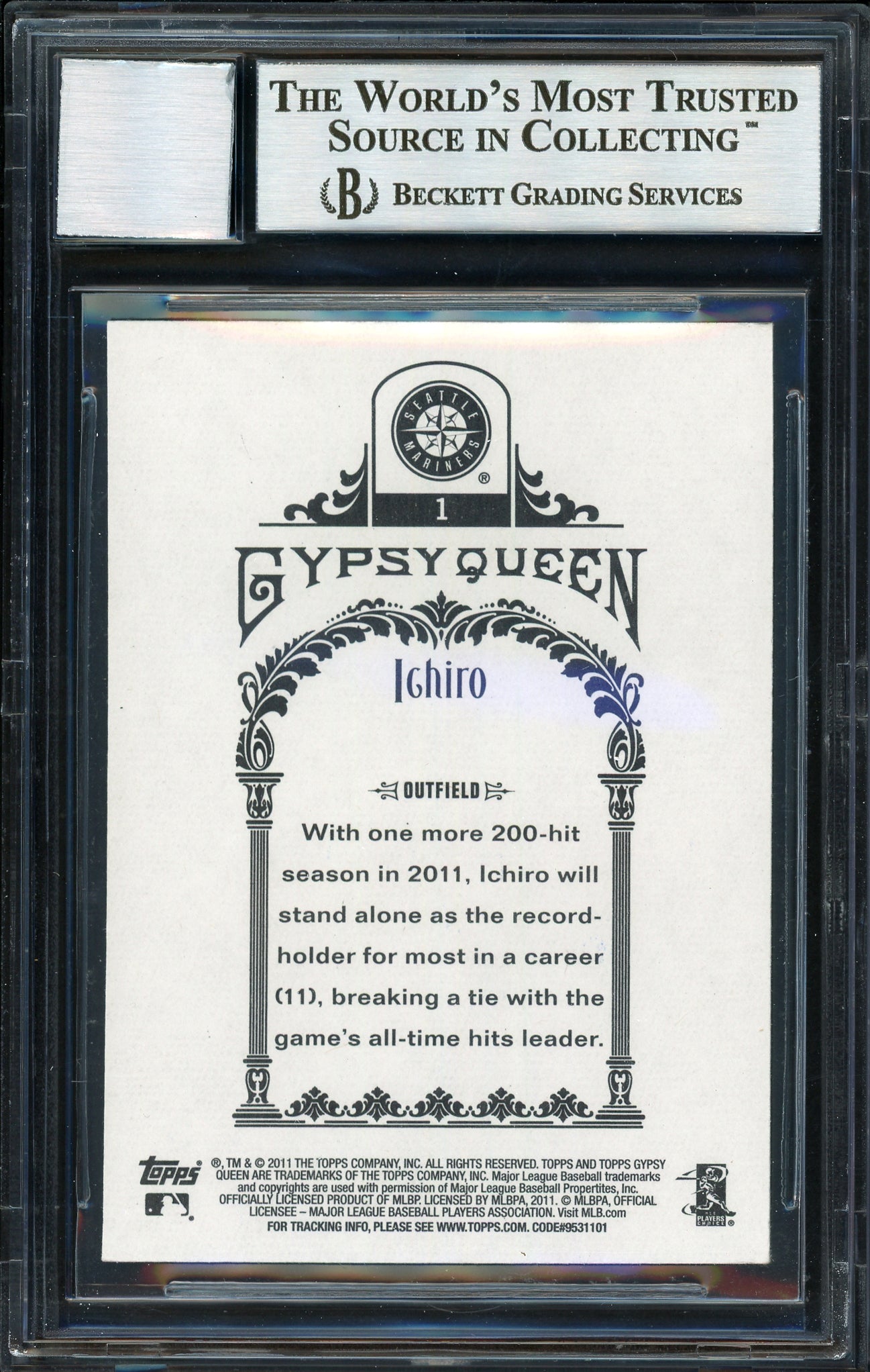 Ichiro Suzuki Autographed 2011 Topps Gypsy Queen Card #1 Seattle Mariners Auto Grade 10 Beckett BAS #12669857