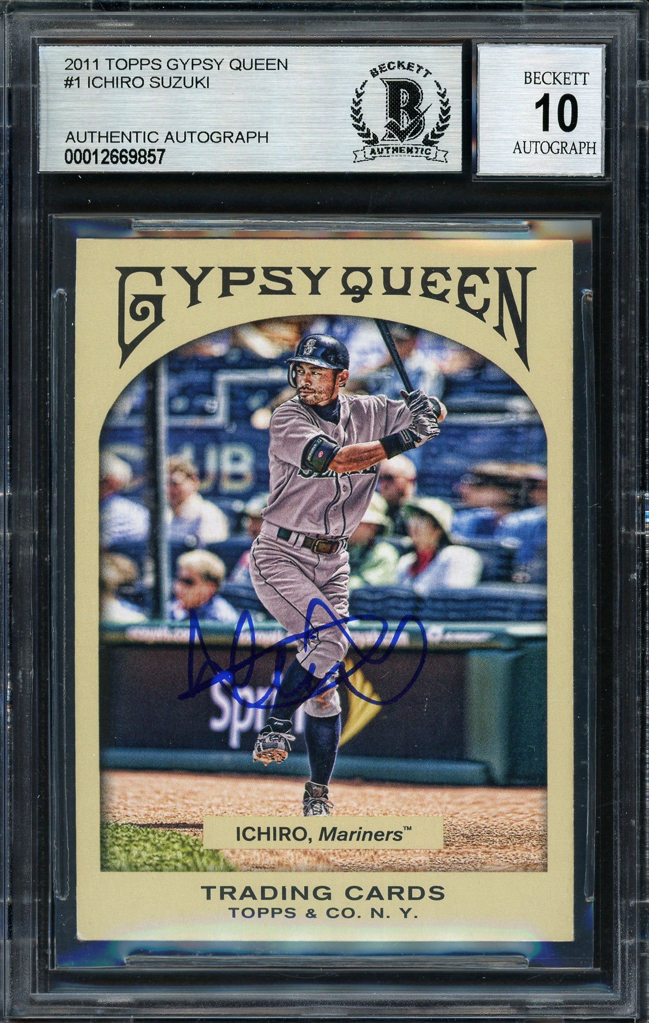 Ichiro Suzuki Autographed 2011 Topps Gypsy Queen Card #1 Seattle Mariners Auto Grade 10 Beckett BAS #12669857