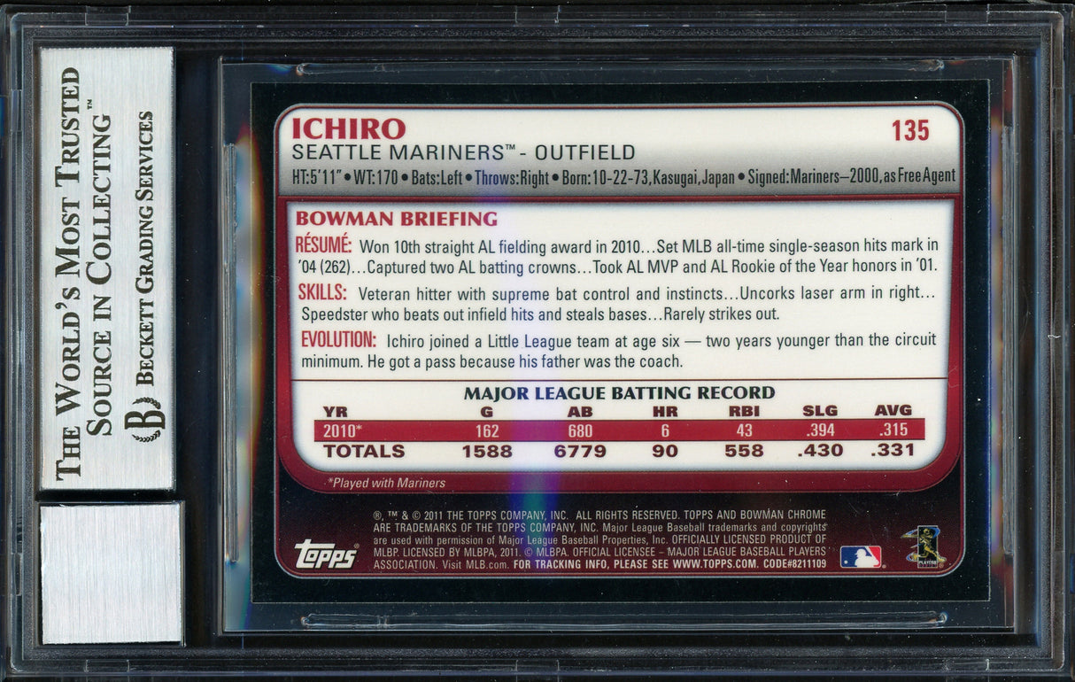 Ichiro Suzuki Autographed 2011 Bowman Chrome Card #135 Seattle Mariners Auto Grade 10 Beckett BAS #12669862