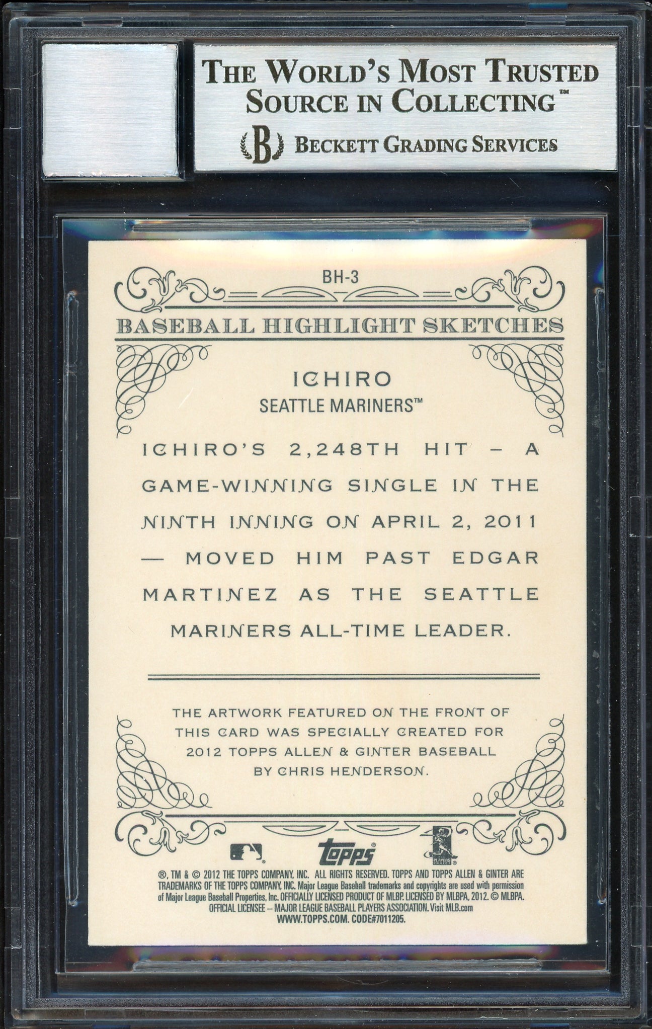Ichiro Suzuki Autographed 2012 Topps Allen & Ginter Highlight Sketches Card #BH-3 Seattle Mariners Auto Grade 10 Beckett BAS #12669882