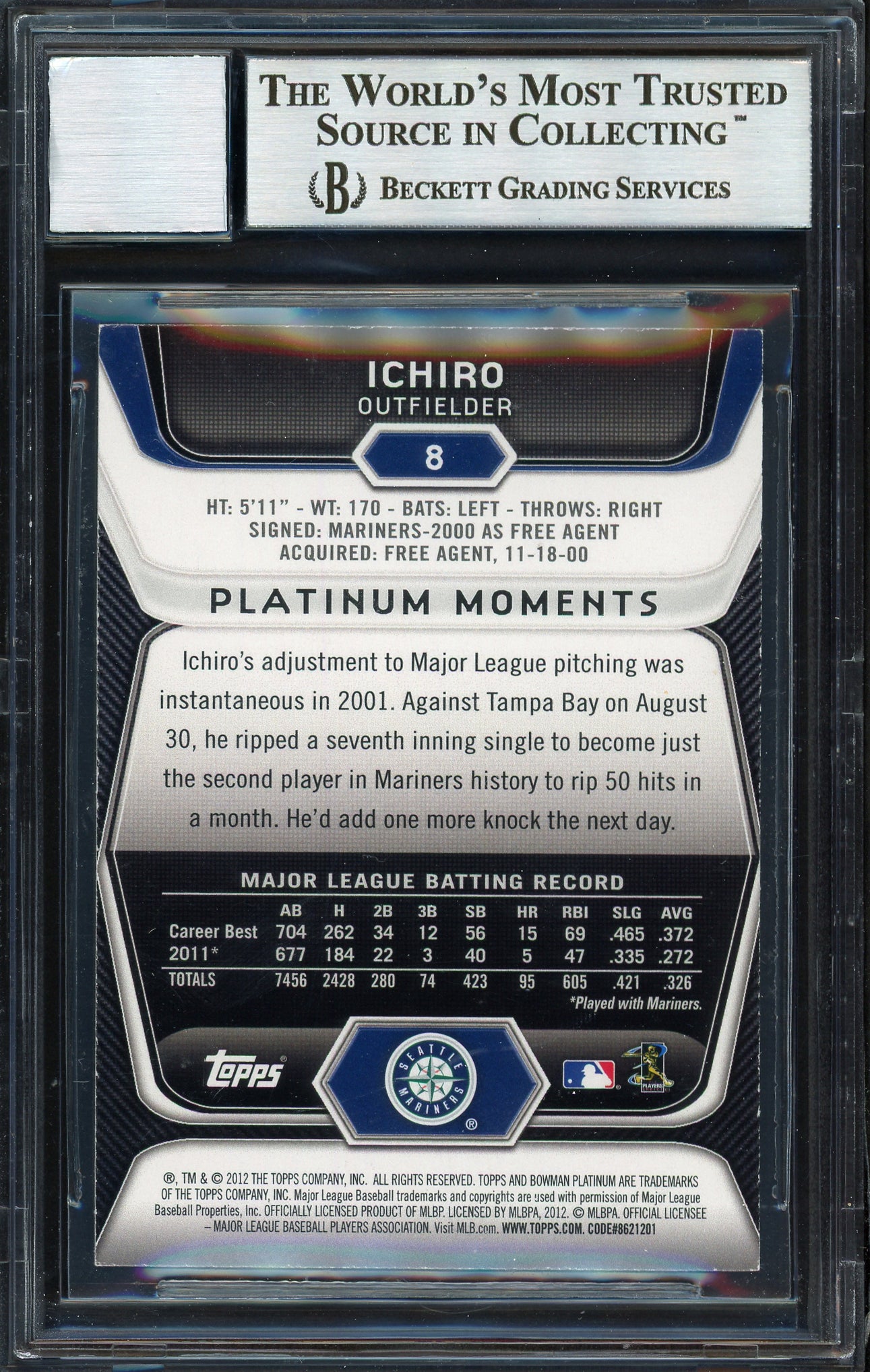 Ichiro Suzuki Autographed 2012 Bowman Platinum Card #8 Seattle Mariners Auto Grade 10 Beckett BAS Stock #189911