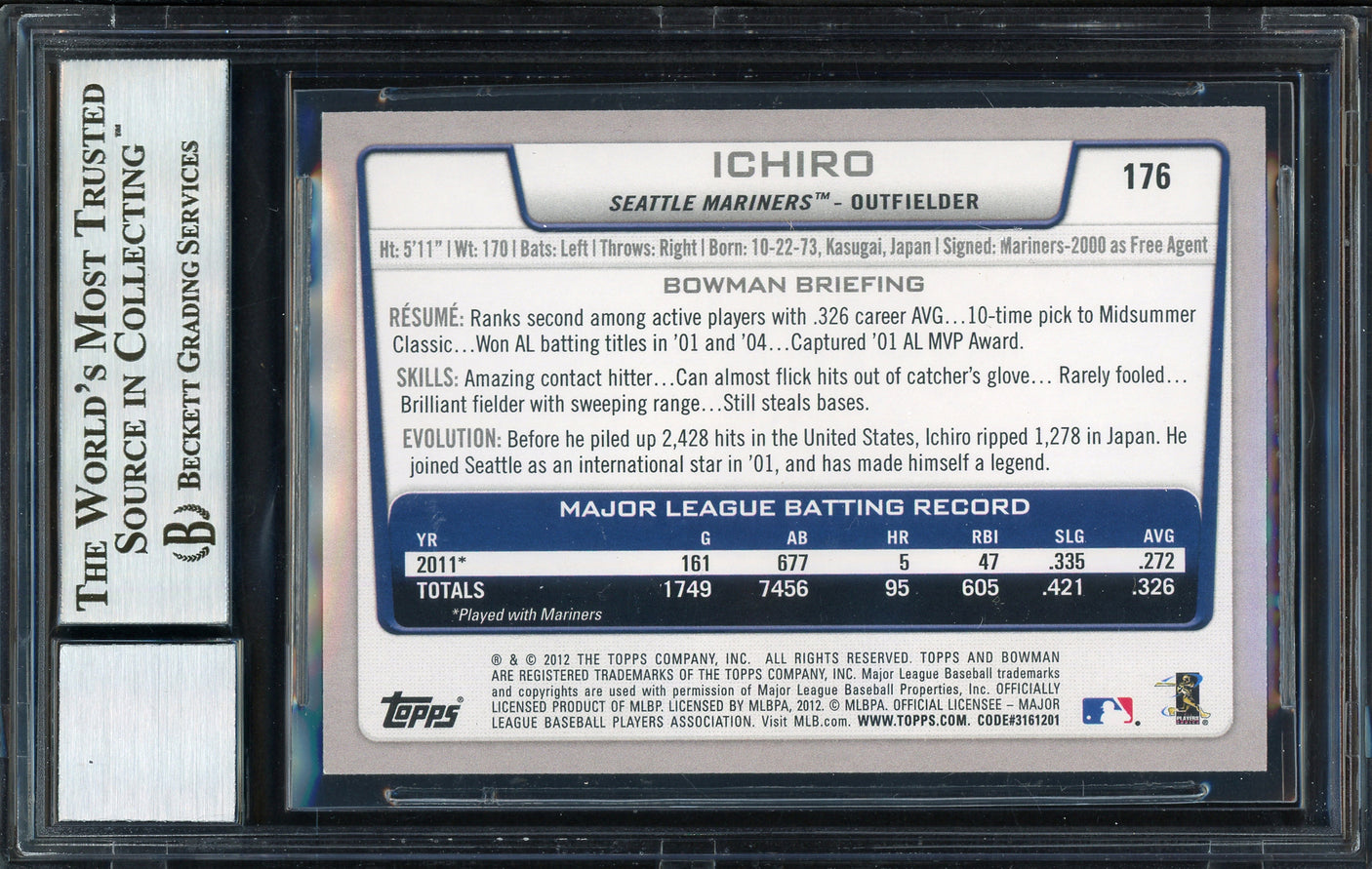Ichiro Suzuki Autographed 2012 Bowman Card #176 Seattle Mariners Auto Grade 10 Beckett BAS #12669904