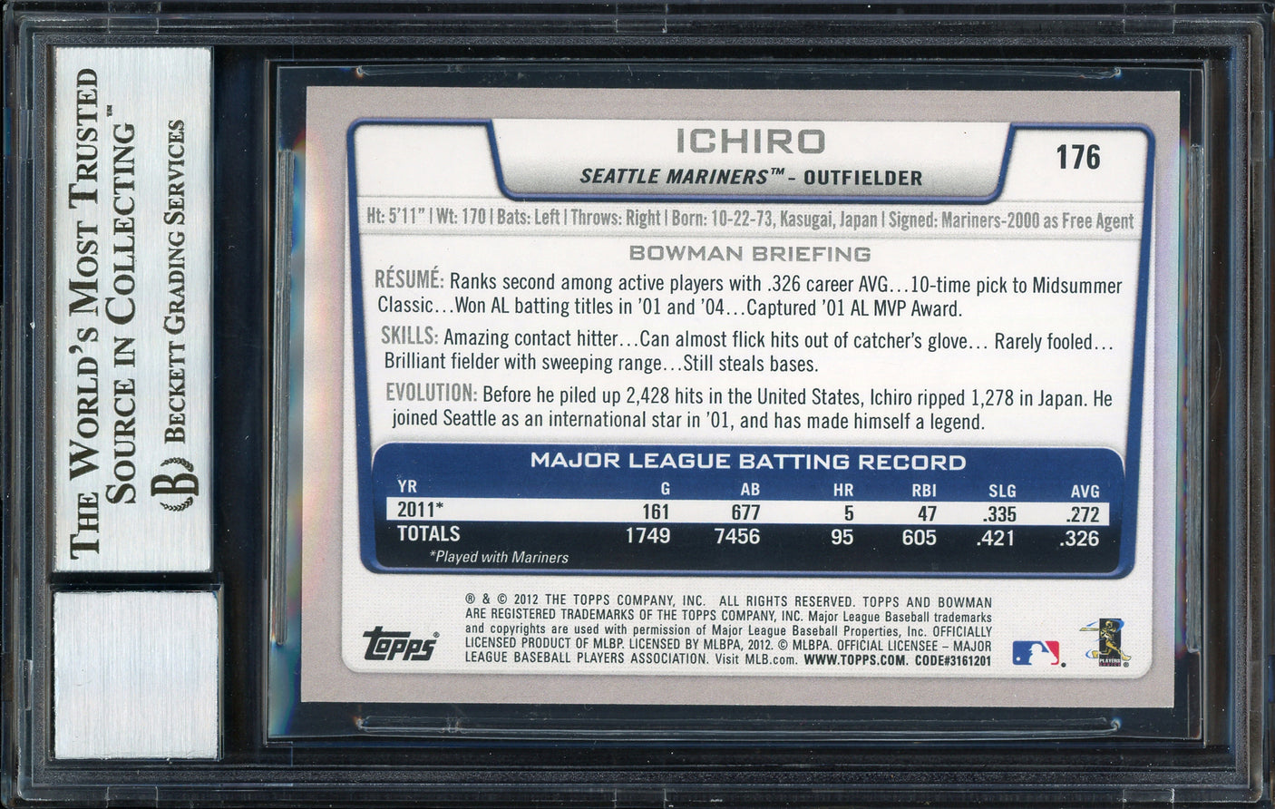 Ichiro Suzuki Autographed 2012 Bowman Gold Card #176 Seattle Mariners Auto Grade 10 Beckett BAS #12669905