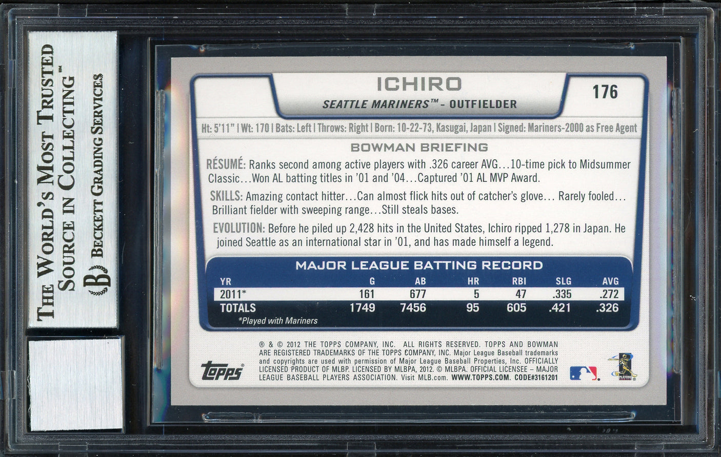 Ichiro Suzuki Autographed 2012 Bowman Silver Ice Card #176 Seattle Mariners Auto Grade 10 Beckett BAS #12669906