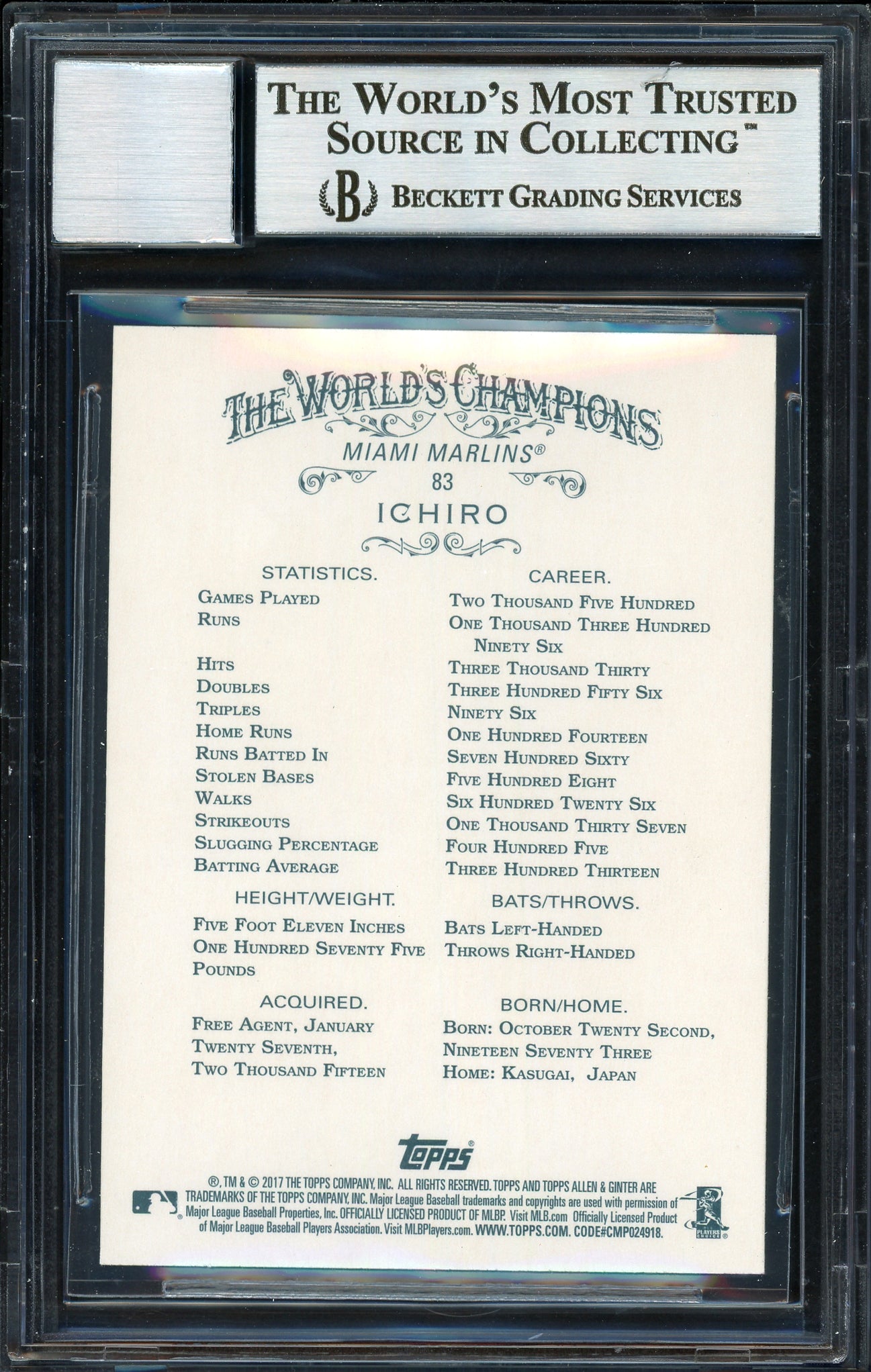 Ichiro Suzuki Autographed 2017 Topps Allen & Ginter Card #83 Miami Marlins Auto Grade 10 Beckett BAS Stock #189934
