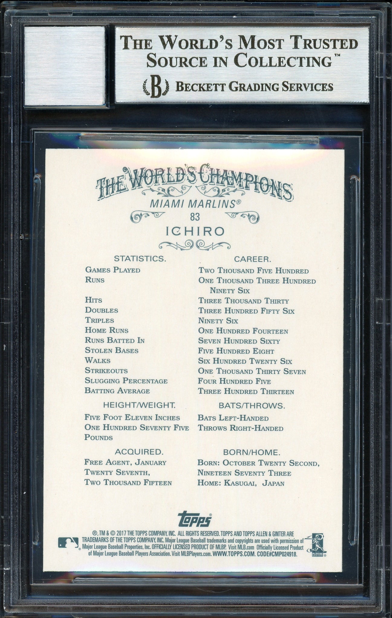 Ichiro Suzuki Autographed 2017 Topps Allen & Ginter X Card #83 Miami Marlins Auto Grade 10 Beckett BAS Stock #189938
