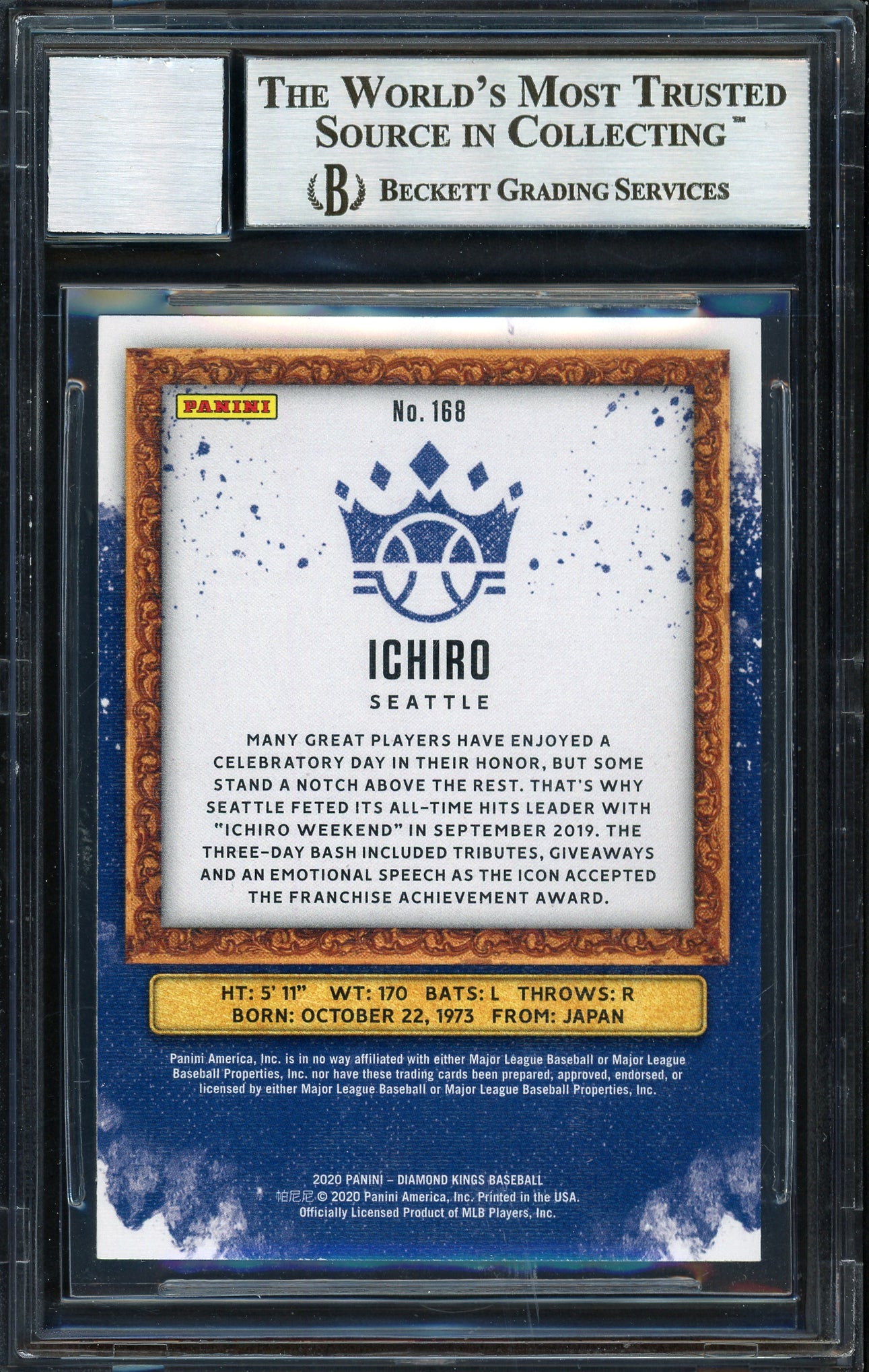 Ichiro Suzuki Autographed 2020 Panini Donruss Diamond Kings Card #168 Seattle Mariners Auto Grade 10 Beckett BAS Stock #189973