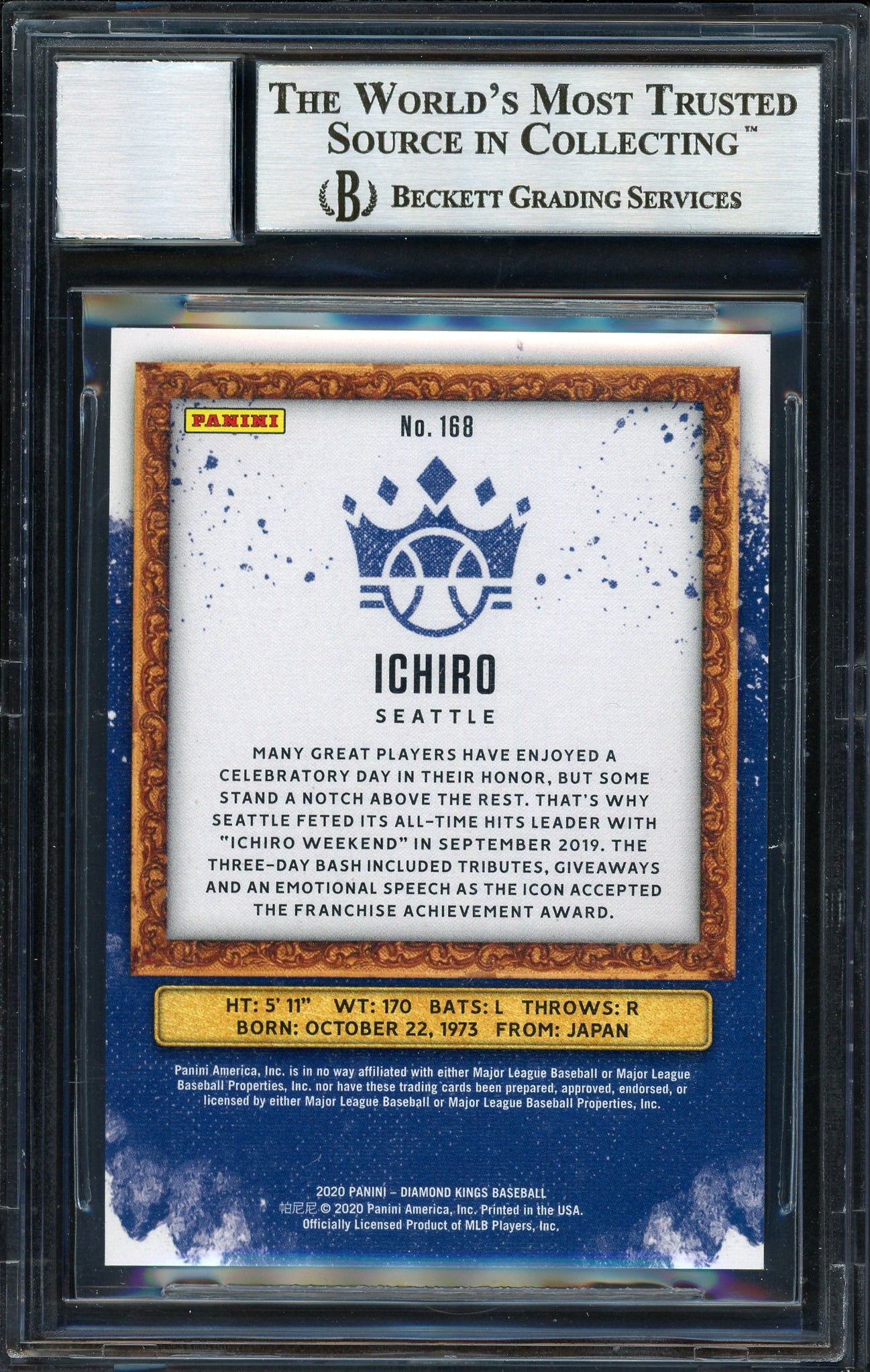 Ichiro Suzuki Autographed 2020 Panini Donruss Diamond Kings Plum Frame Card #168 Seattle Mariners Auto Grade 10 Beckett BAS #12670179