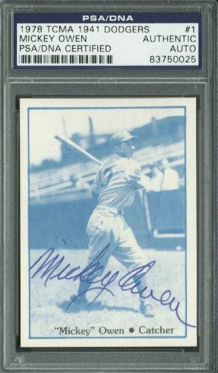 Mickey Owen Authentic Signed Card 1978 Tcma 1941 Dodgers #1 PSA/DNA Slabbed