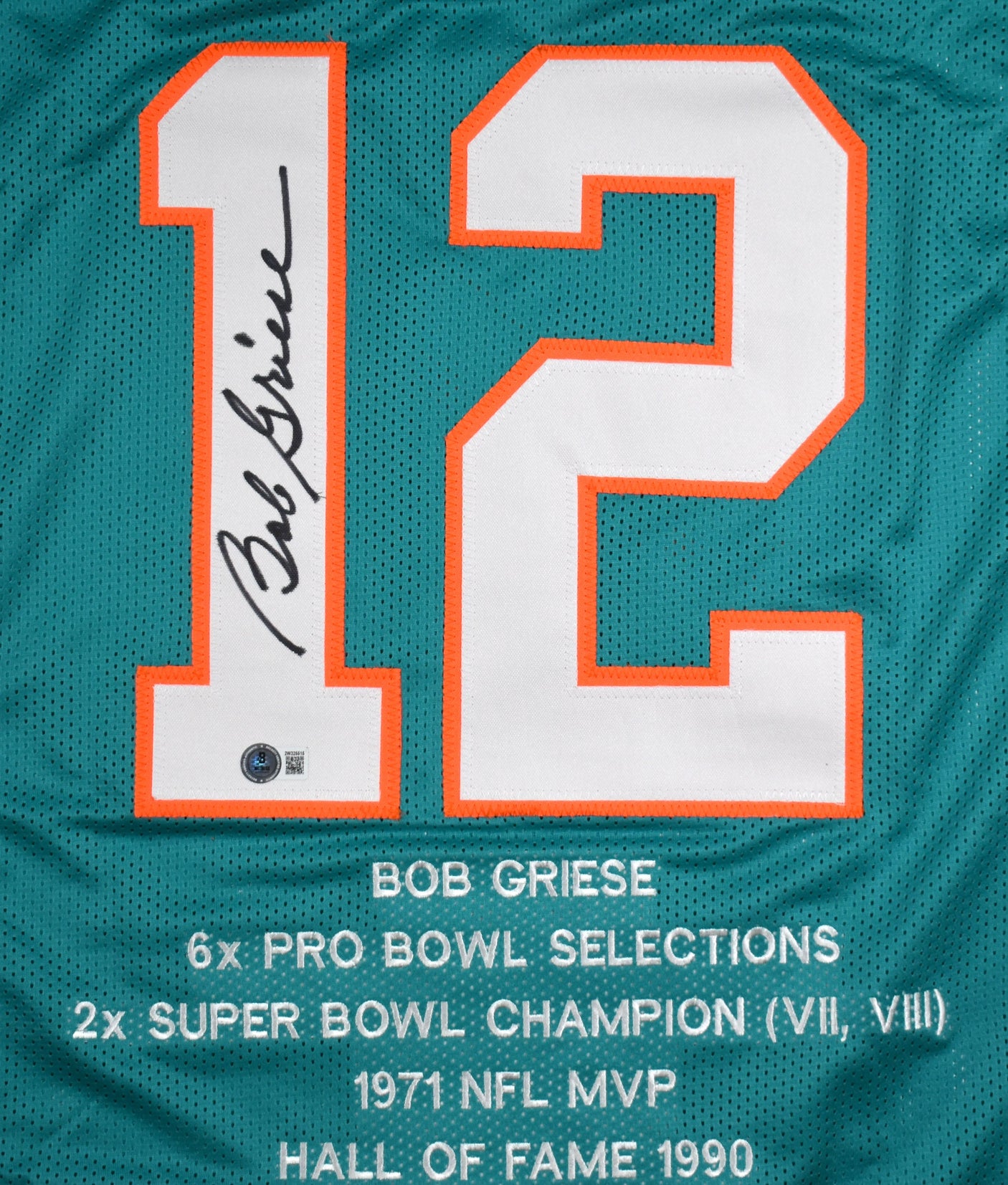 Bob Griese Autographed Teal Pro Style Stat Jersey - Beckett W Hologram *Black