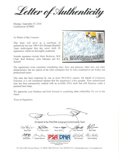 1984 USA Olympic Team Autographed First Day Cover With 20 Total Signatures Including Mark McGwire & Will Clark PSA/DNA #K39842