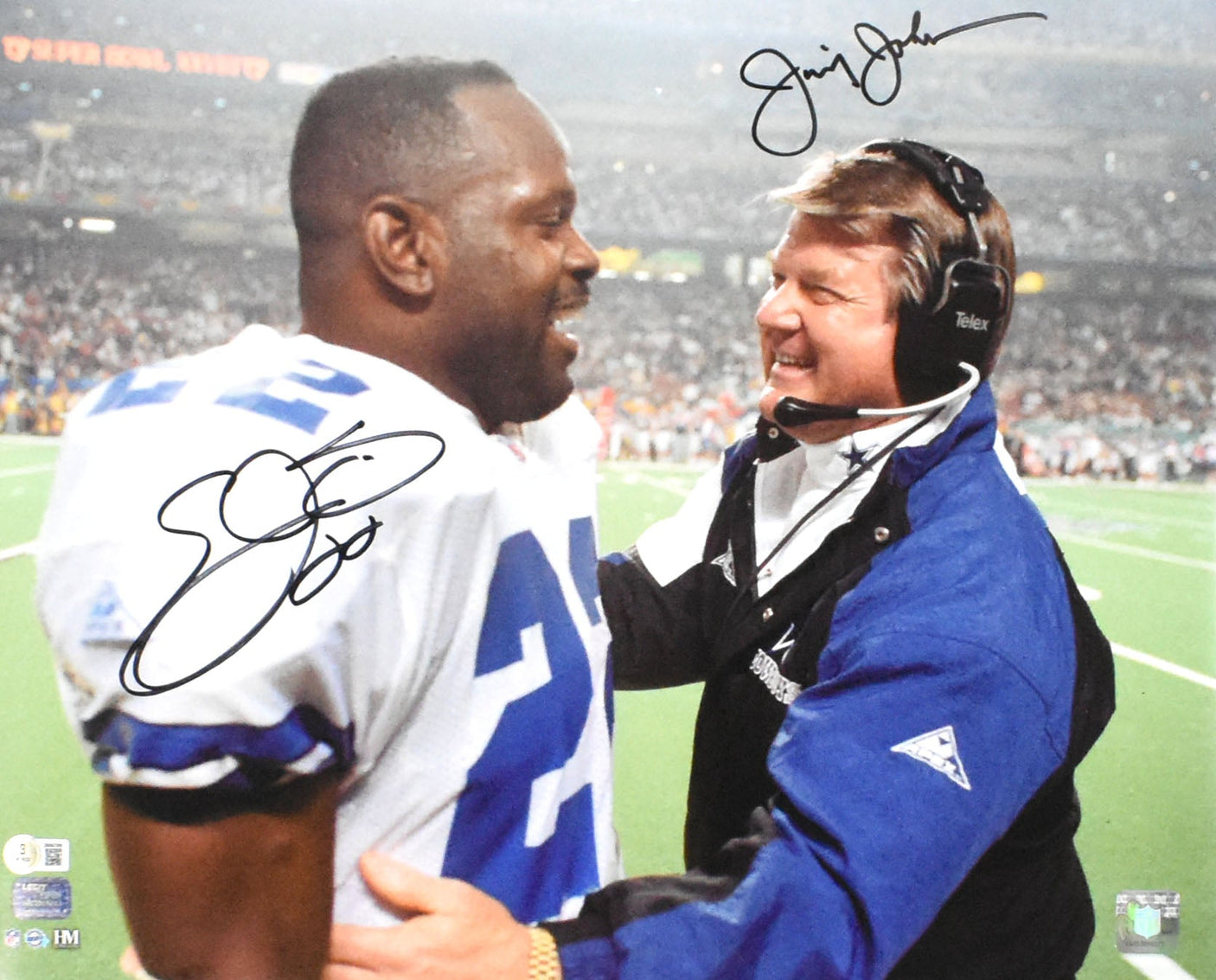 Emmitt Smith Jimmy Johnson Signed Cowboys 16x20 Celebration Photo-Beckett W Holo