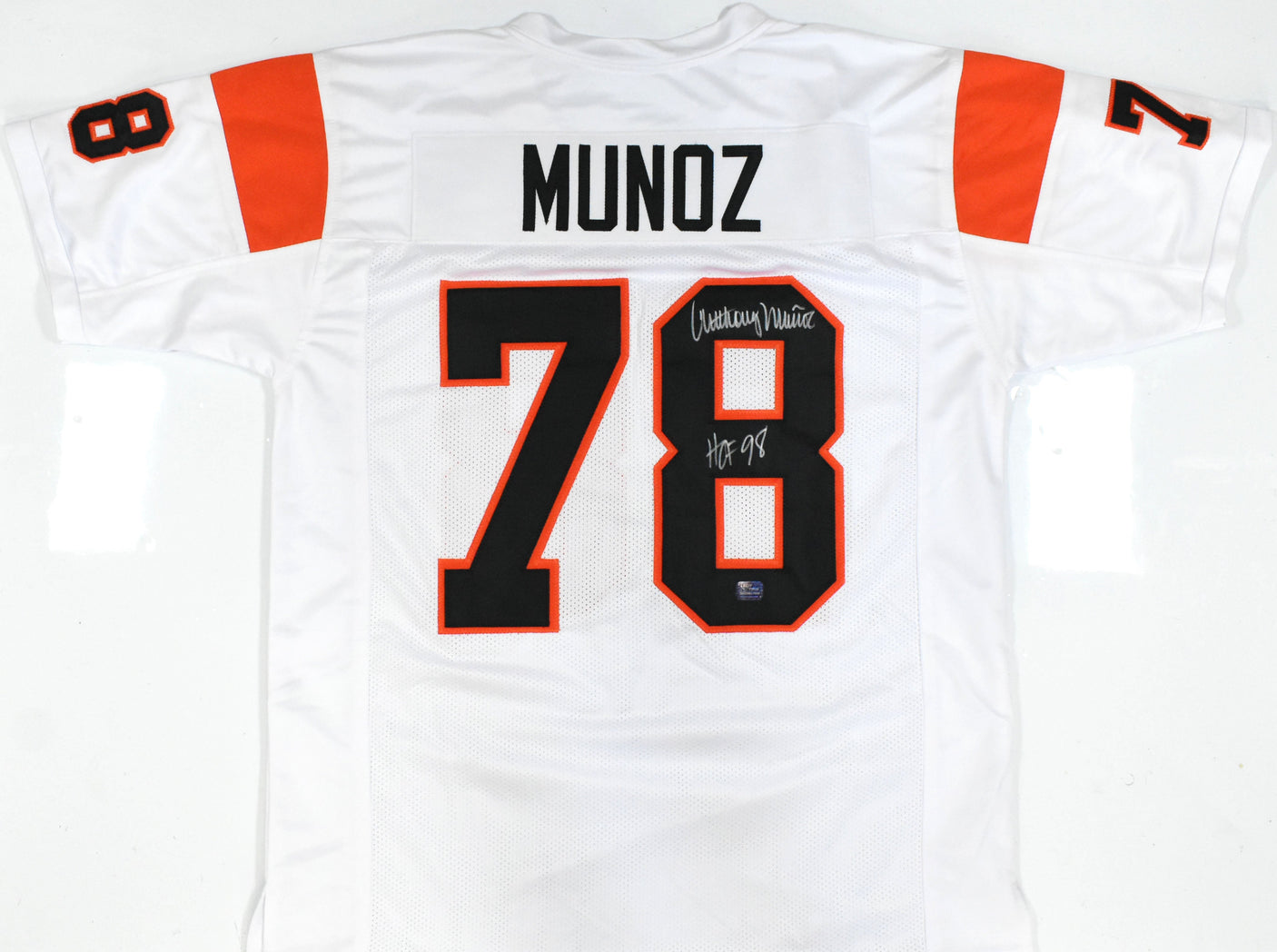 Anthony Munoz Autographed White Pro Style Jersey HOF - Prova *Silver
