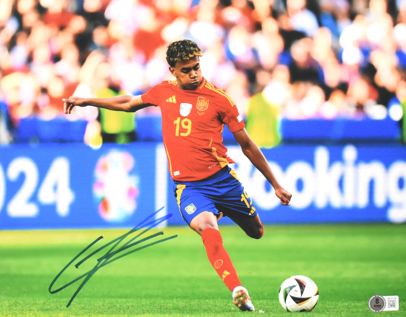 Lamine Yamal Autographed 11x14 Spain Kicking Photo - Beckett W Hologram *Blue