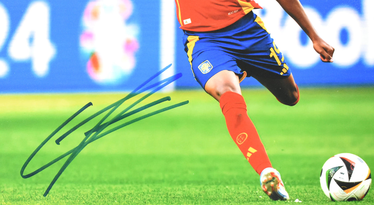 Lamine Yamal Autographed 11x14 Spain Kicking Photo - Beckett W Hologram *Blue