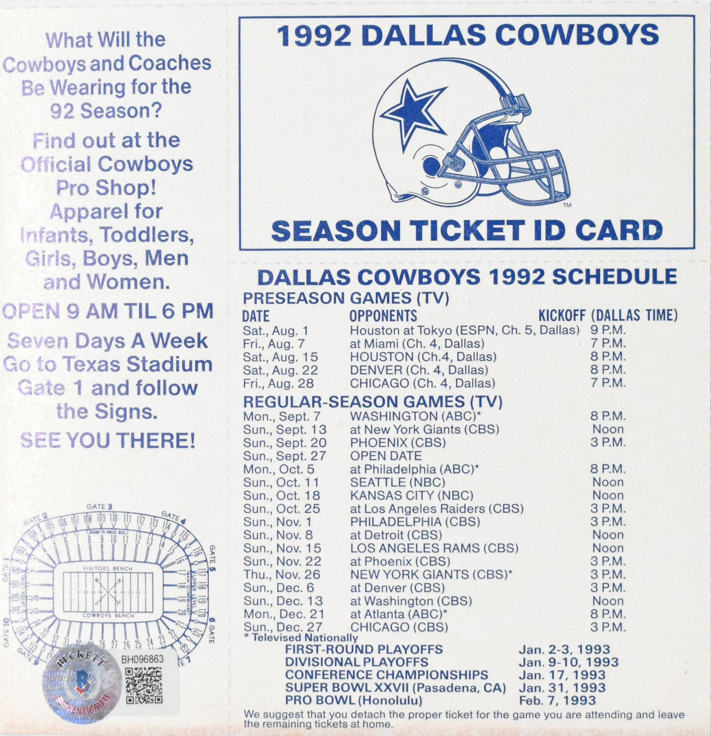 Jimmy Johnson Autographed Dallas Cowboys 1992 Season Ticket ID Card-Beckett Holo