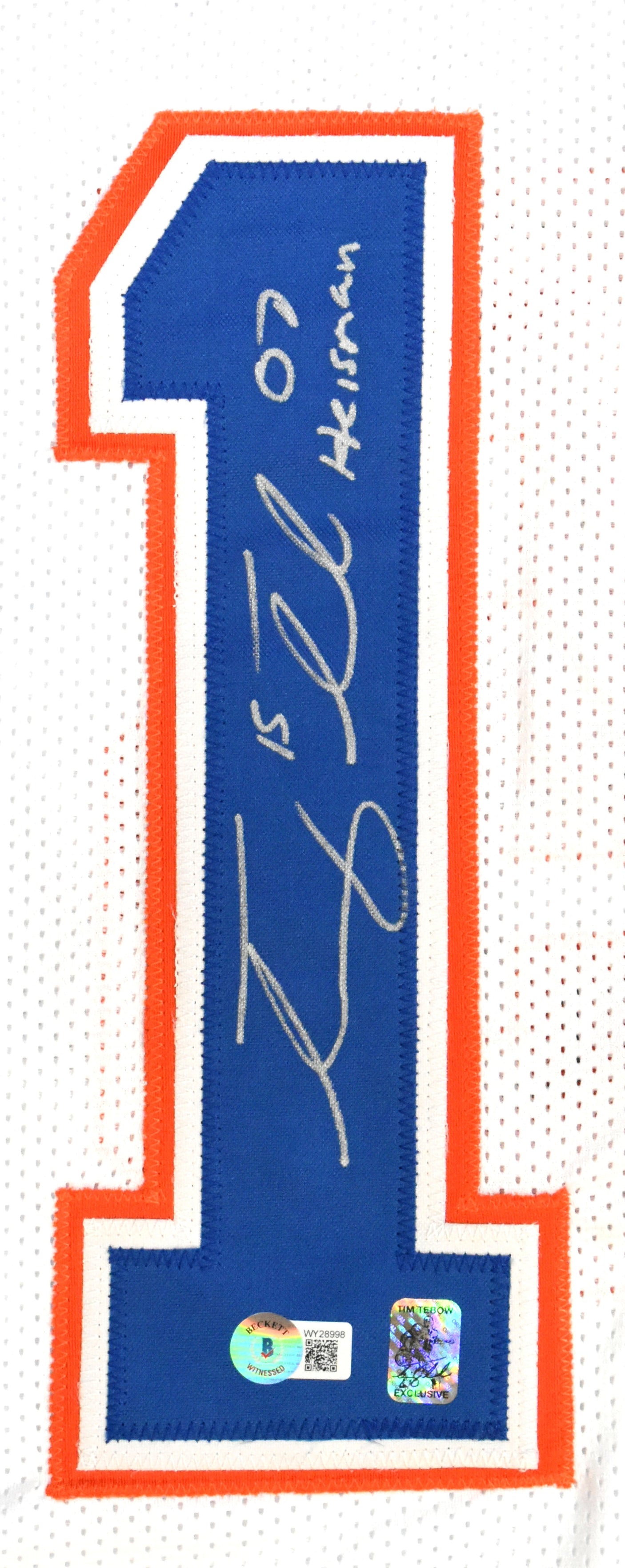 Tim Tebow Autographed White College Style Jersey w/Heisman - Beckett W Hologram