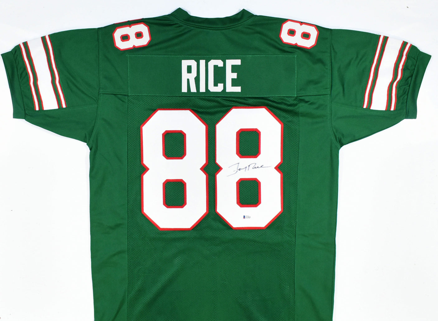 Jerry Rice Autographed Green College Style Jersey - Beckett *Black