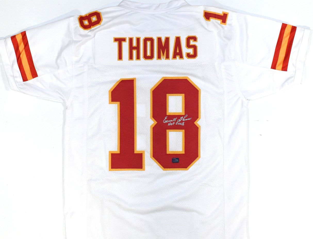 Emmitt Thomas Autographed White Pro Style Jersey w/HOF - Prova *Silver