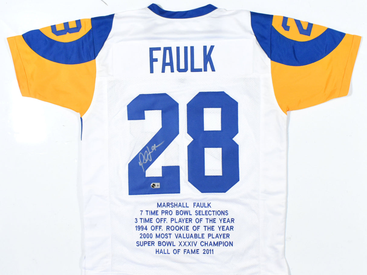 Marshall Faulk Autographed White Pro Style STAT Jersey - Beckett W Hologram