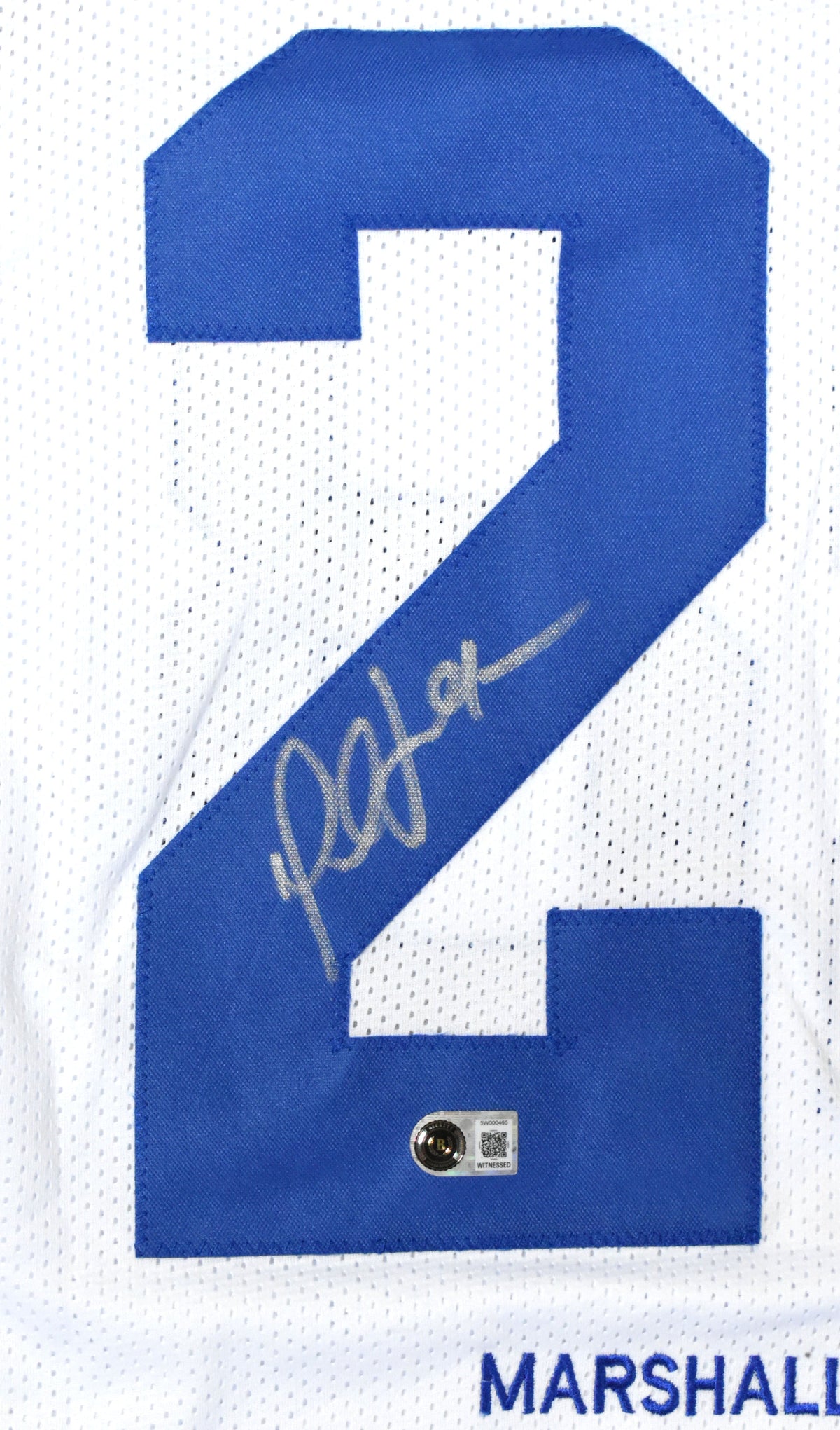 Marshall Faulk Autographed White Pro Style STAT Jersey - Beckett W Hologram