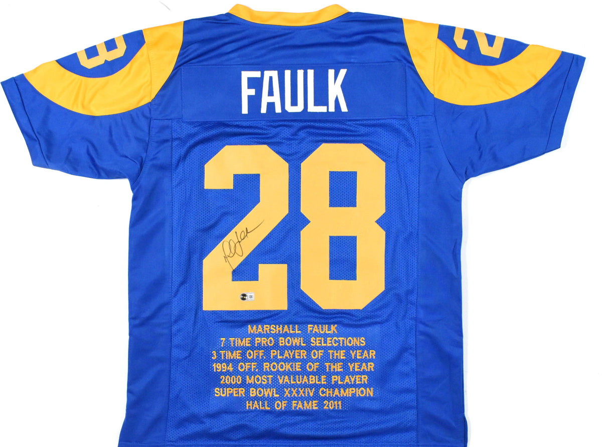 Marshall Faulk Autographed Blue Pro Style STAT Jersey - Beckett W Hologram
