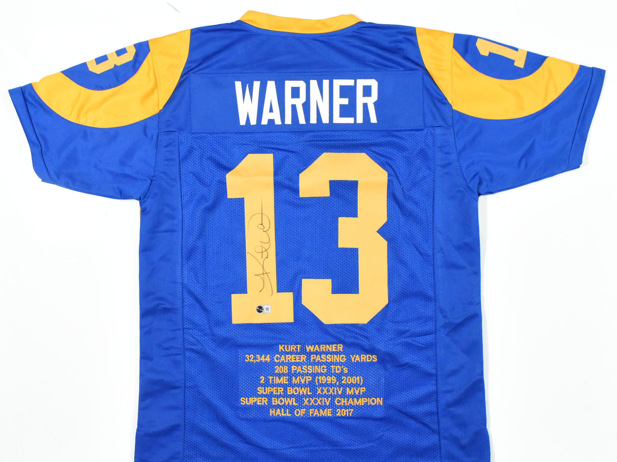 Kurt Warner Autographed Blue Pro Style STAT Jersey - Beckett W Hologram